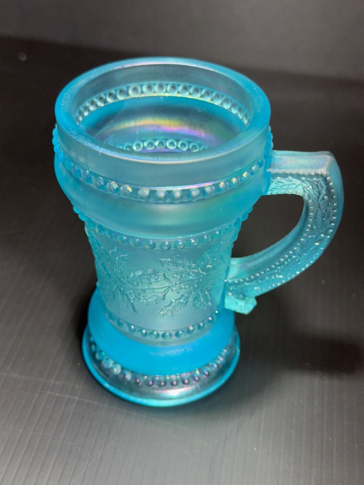 Vintage Joe St Clair Iridescent Beaded Holly Berry Band Blue Mug loc 4767