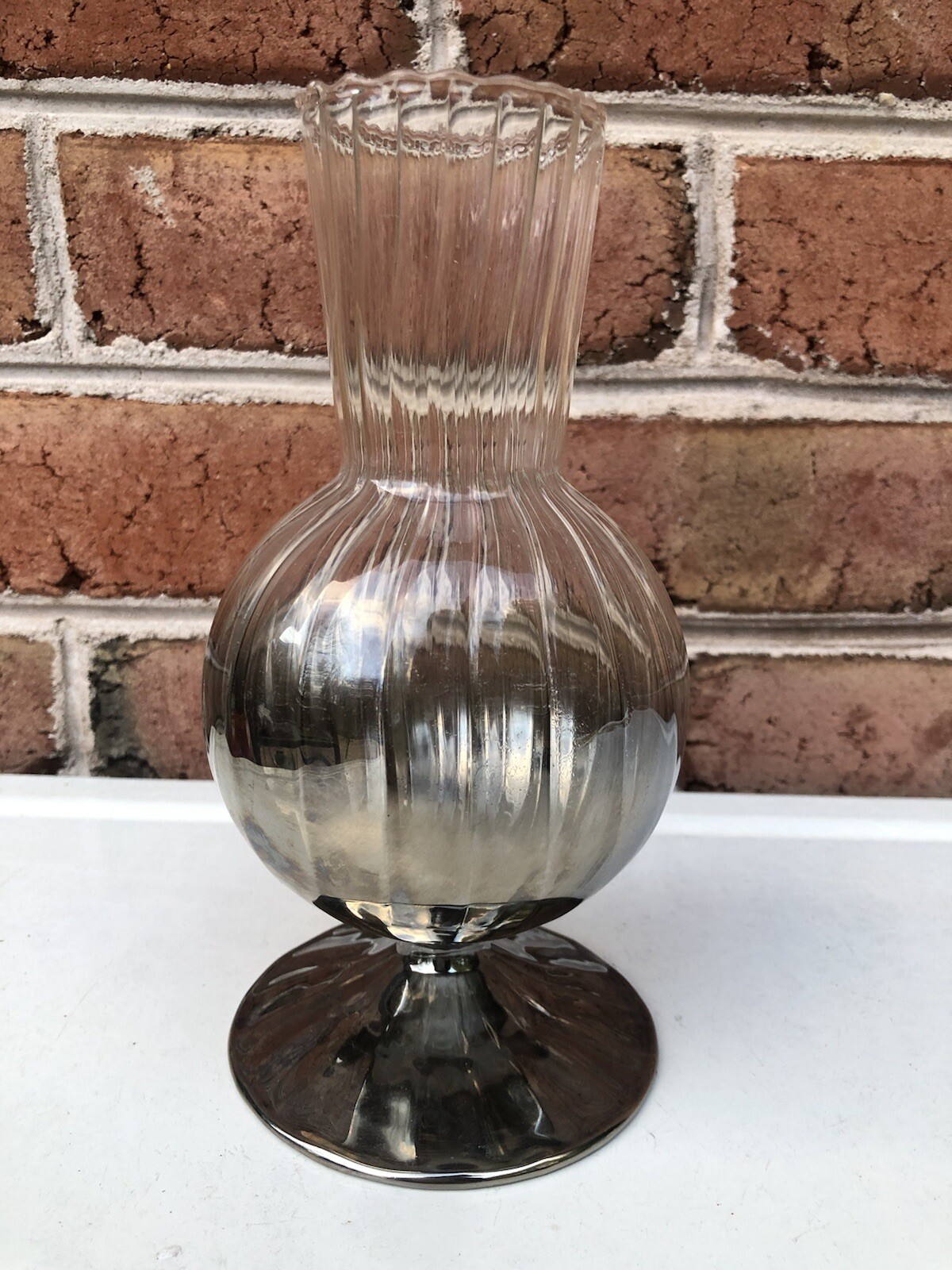 Smoke Gray Mirrored Vase Footed Ribbed Glass Vase Vintage Prefect !