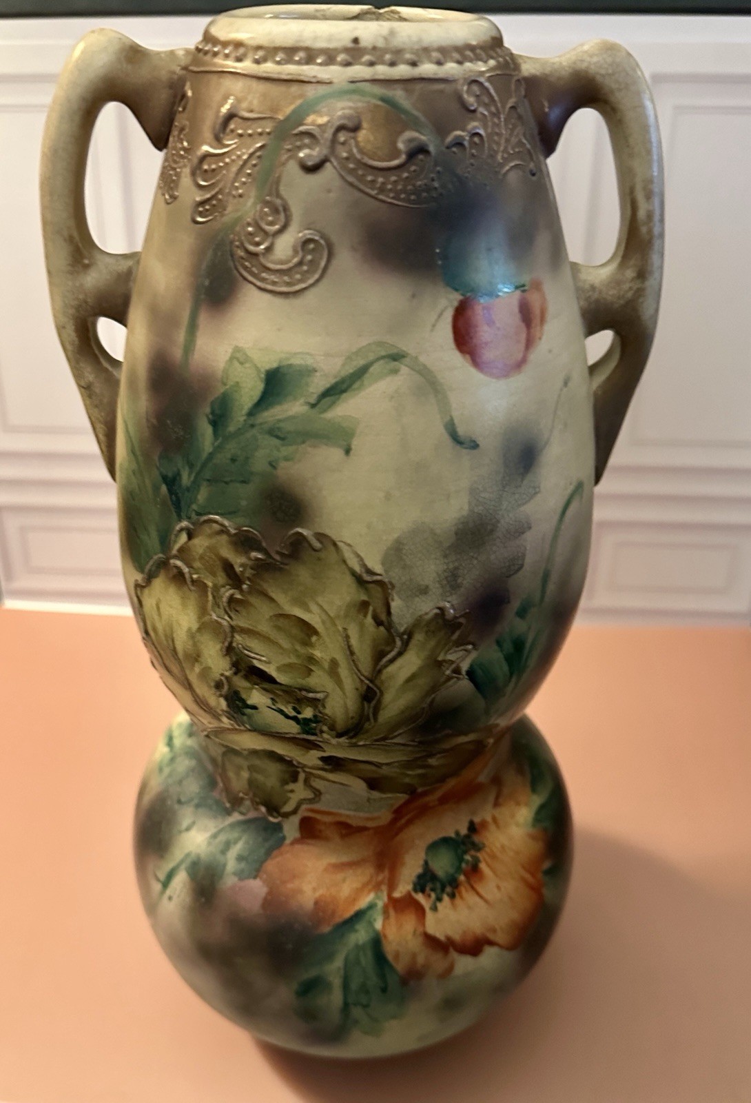 Art Nouveau Art Pottery Double Handle Vase c1900 Hand Painted Floral Matte Glaze
