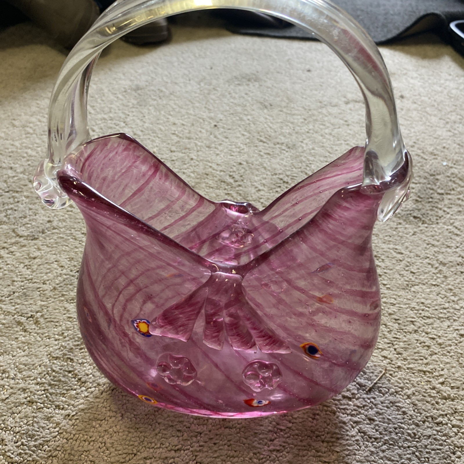 Hand Blown Glass Pink Purse Vase With Applied Handle Art Deco 10.5” x 7.75 #C