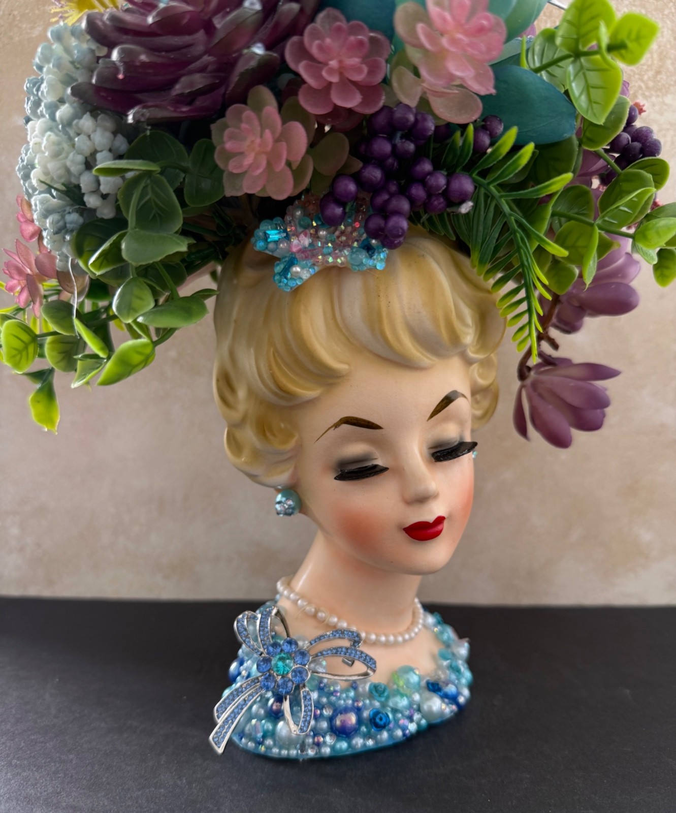 VINTAGE LADY HEAD VASE INARCO OOAK REIMAGINED “BLUE BUBBLES” OUTSTANDING 12”