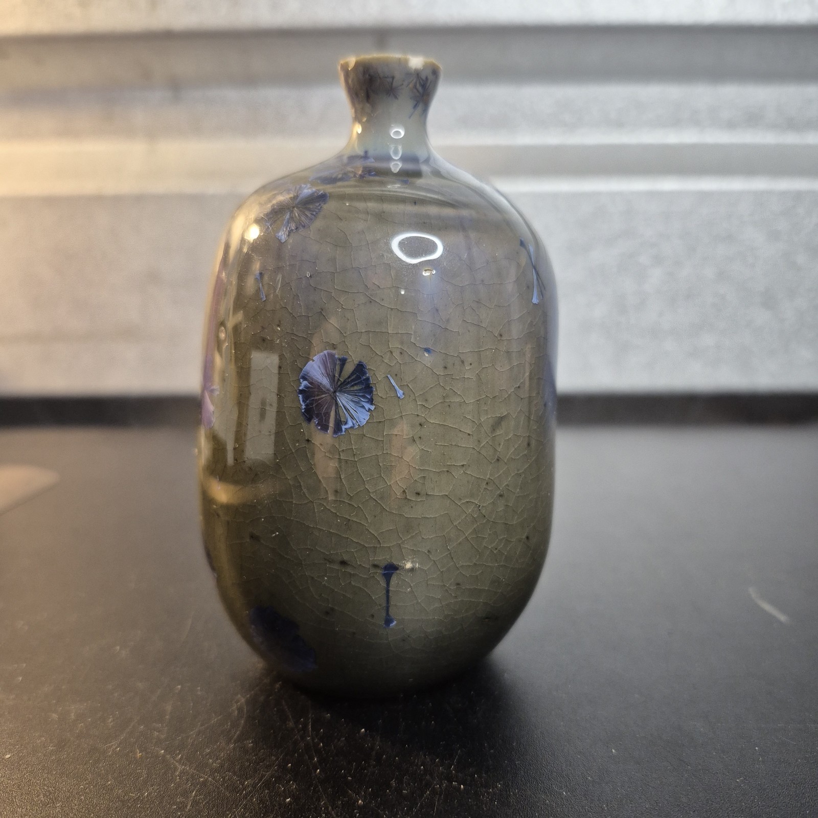Handmade Studio Art Pottery Bud Vase Crystalline Glaze Blue Cobalt Crackle 4″