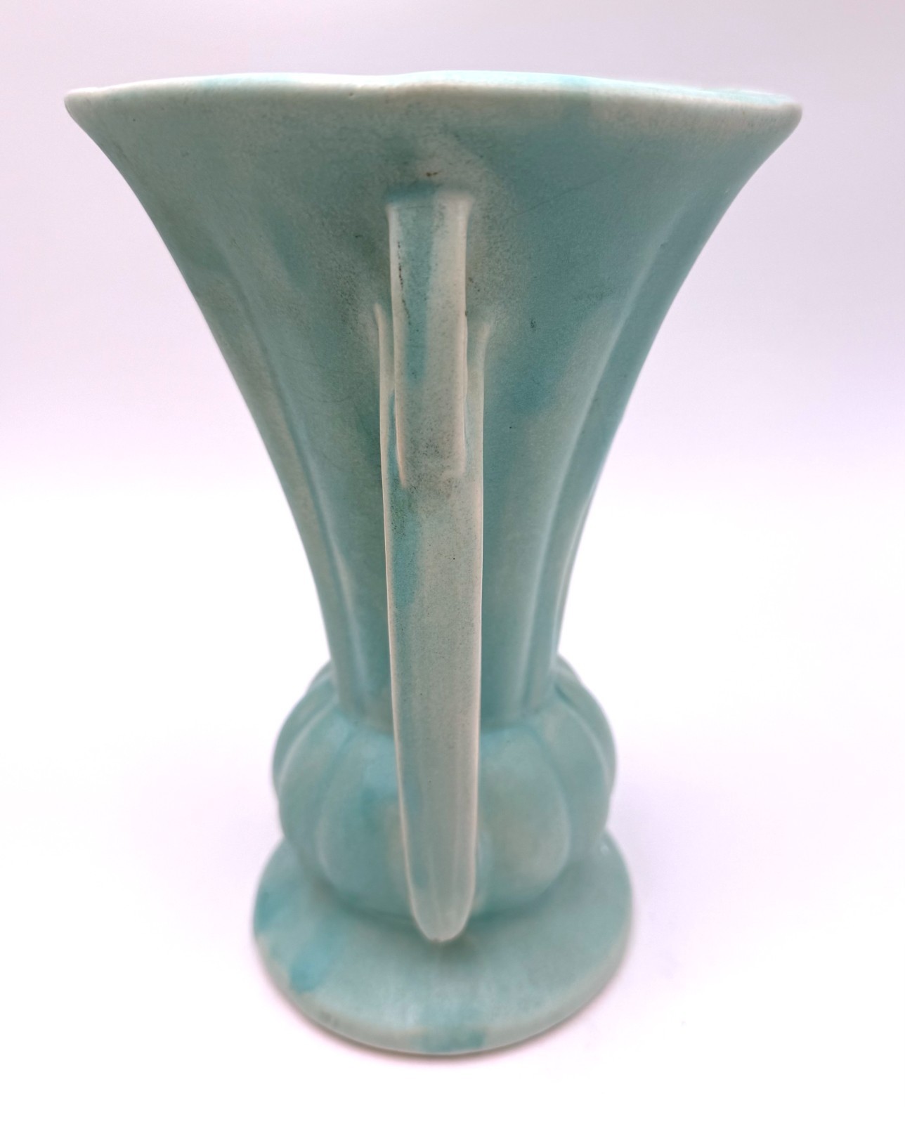 9″ Vintage 1940s McCoy Footed 2-Handled Vase – Seafoam Blue Green