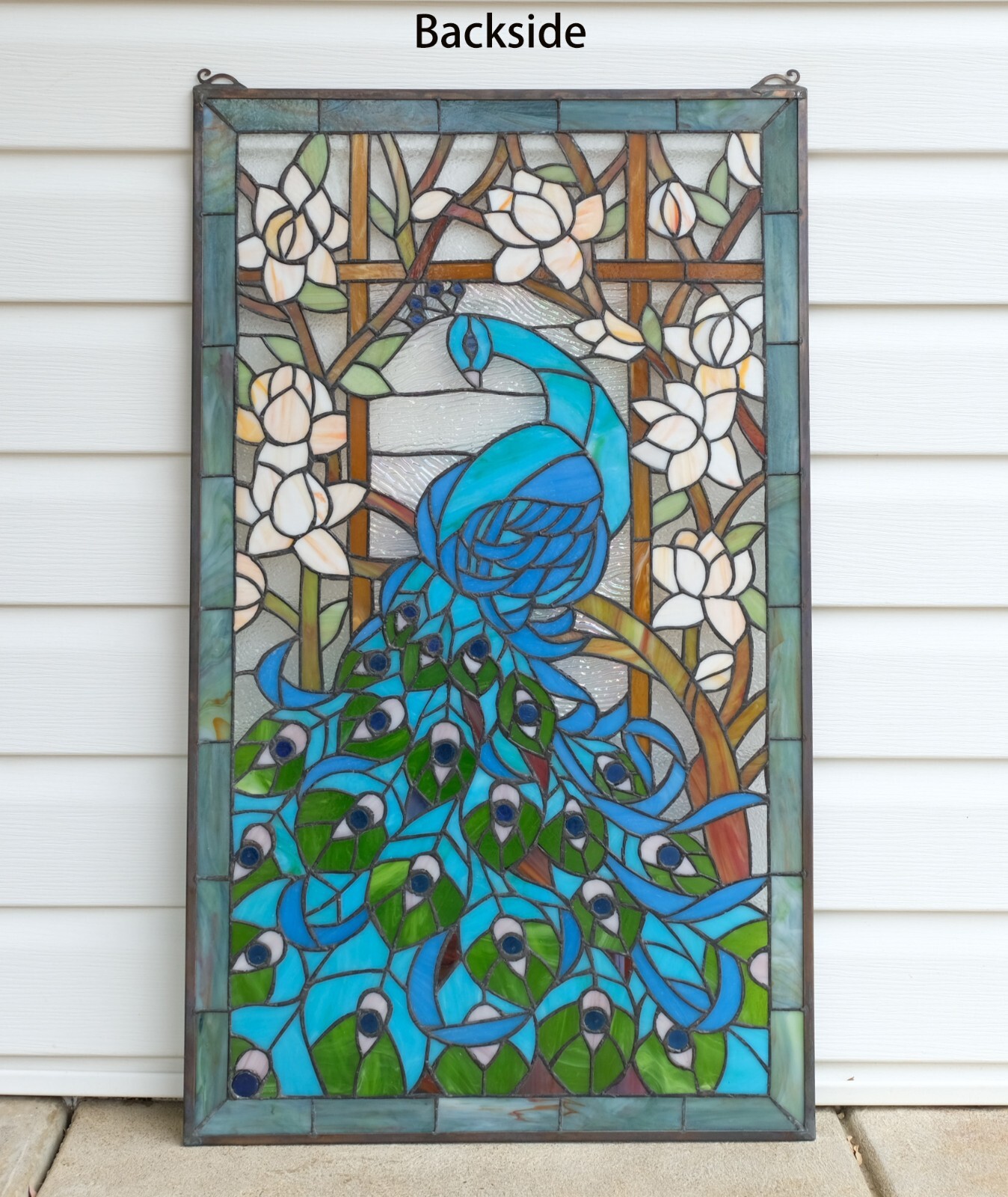 20.5″ x 34.75″ Handcrafted peacock flower stained glass window panel WL22-221