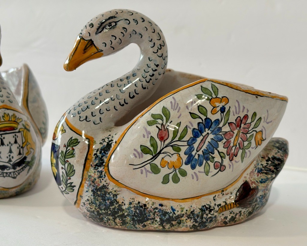 Antique Pair Malicorne Faience Swan Cachepots LD Leroy Dubois French Pottery