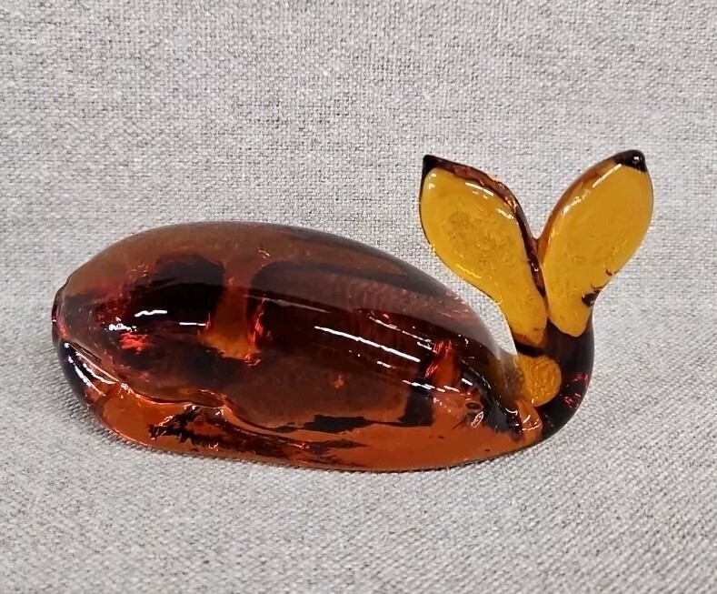 Vtg Amber Viking Glass Whale Paperweight 4.5 Inches