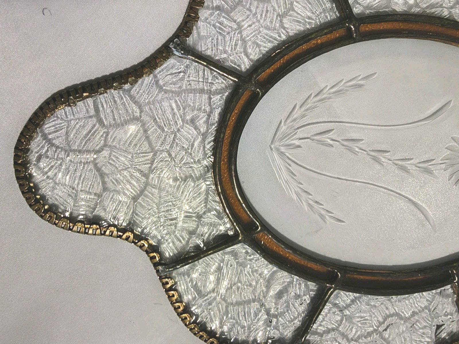 Clear Glass Etched Floral Sun Catcher w Amber Glass Insert and Beveled Glass