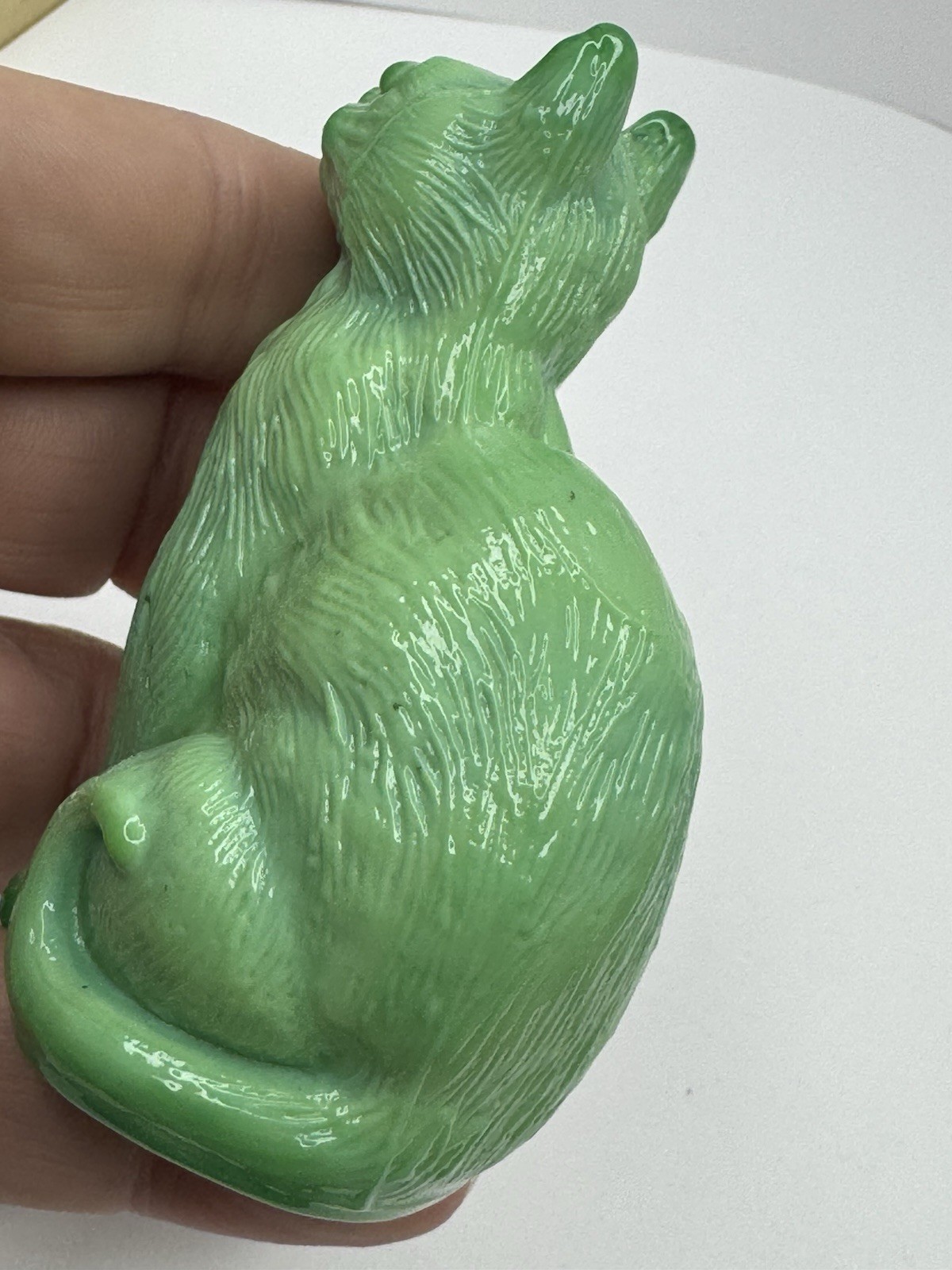 Mosser Glass Sitting Cat Figurine Opaque Jadite Grass Green Blue Slag Glossy