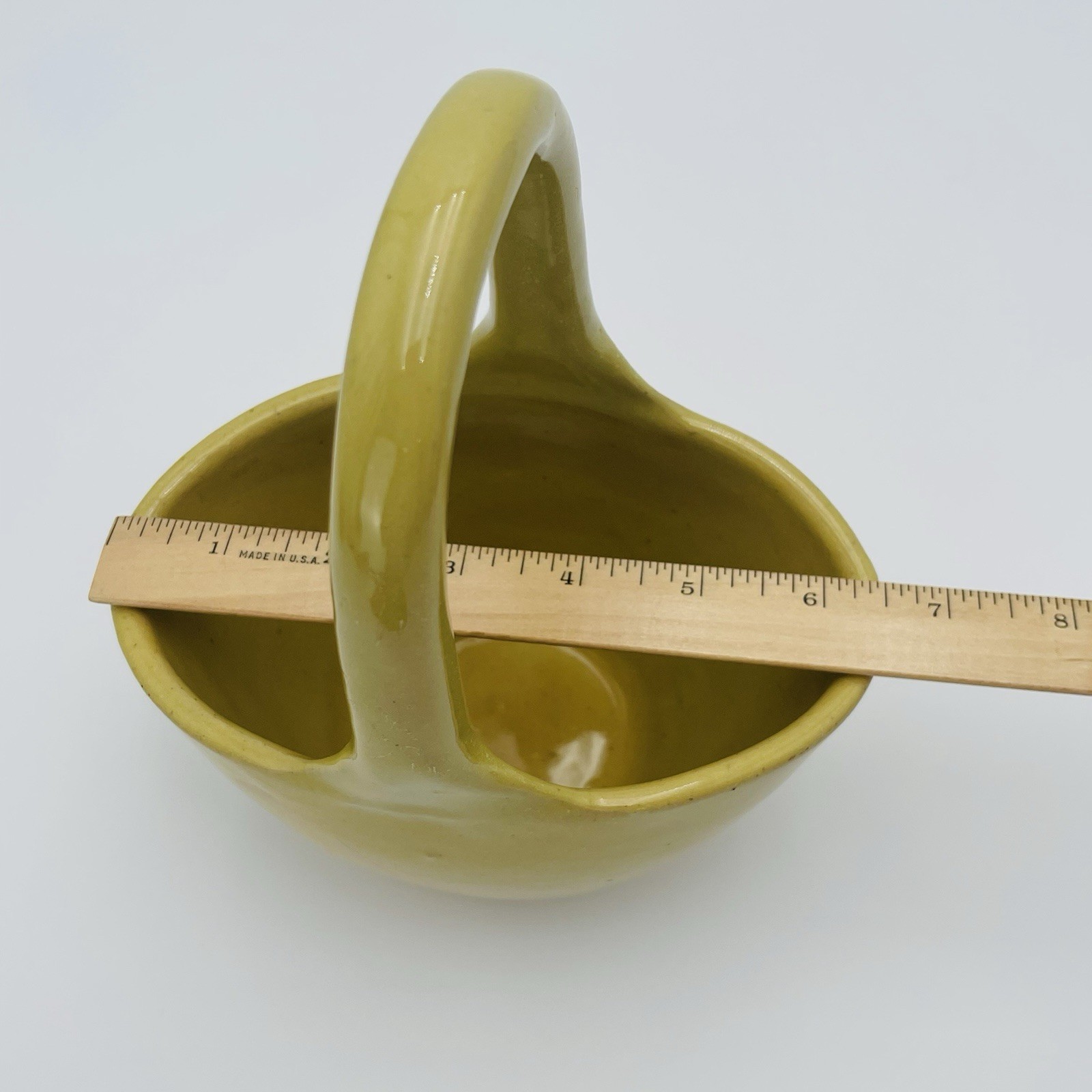 Vintage Studio Pottery Basket Vase Glazed Yellow 9”x6.5”