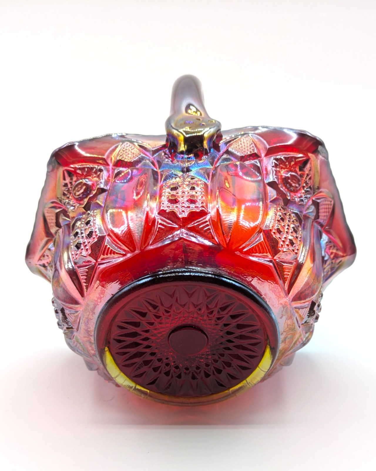 Vintage L E Smith Ruby Red Iridescent Quintec Carnival Glass Basket