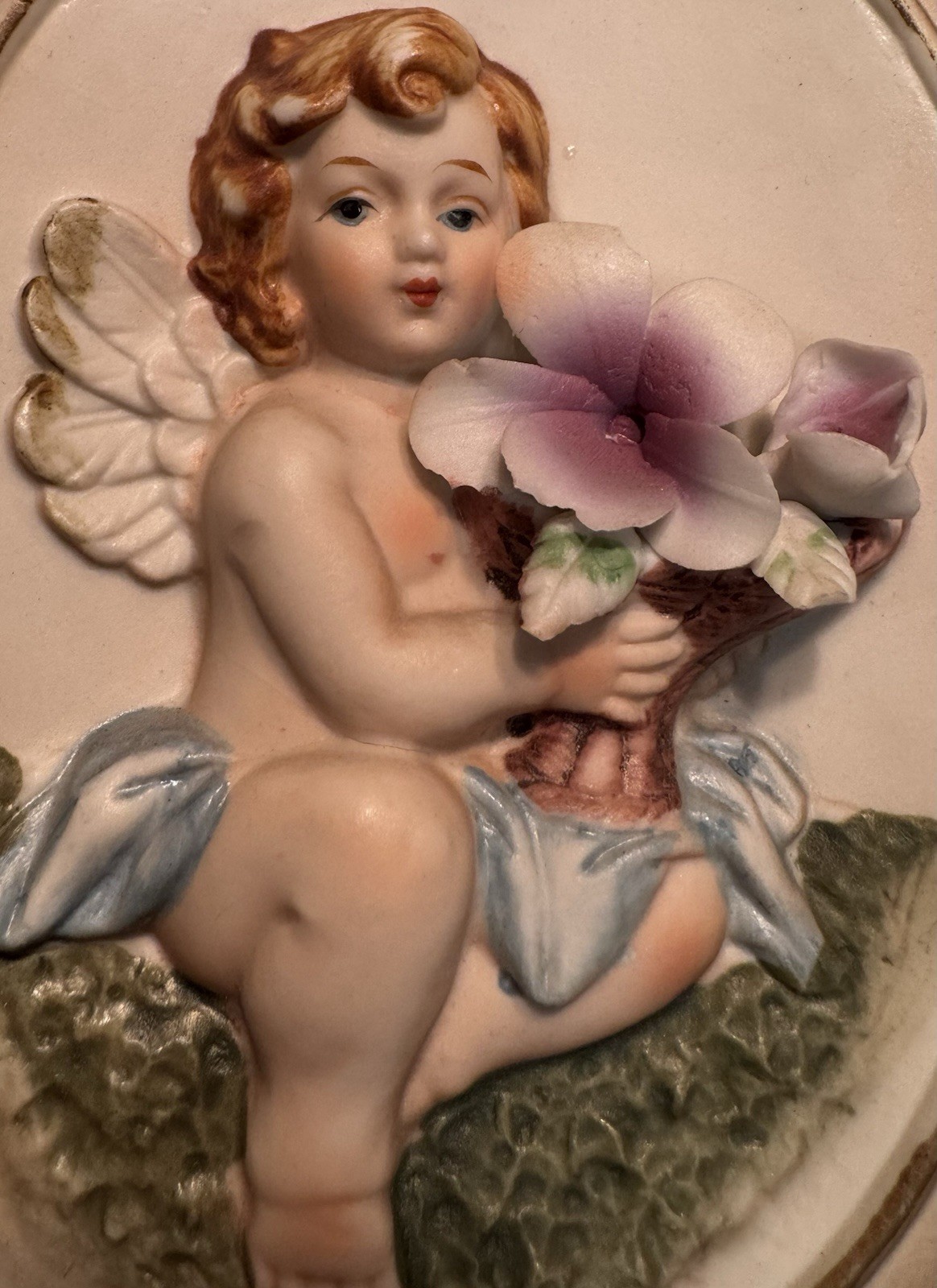 Vintage Blonde Cherub Chintz Botanical Decor Planter Boudoir Wall Vase Porcelain