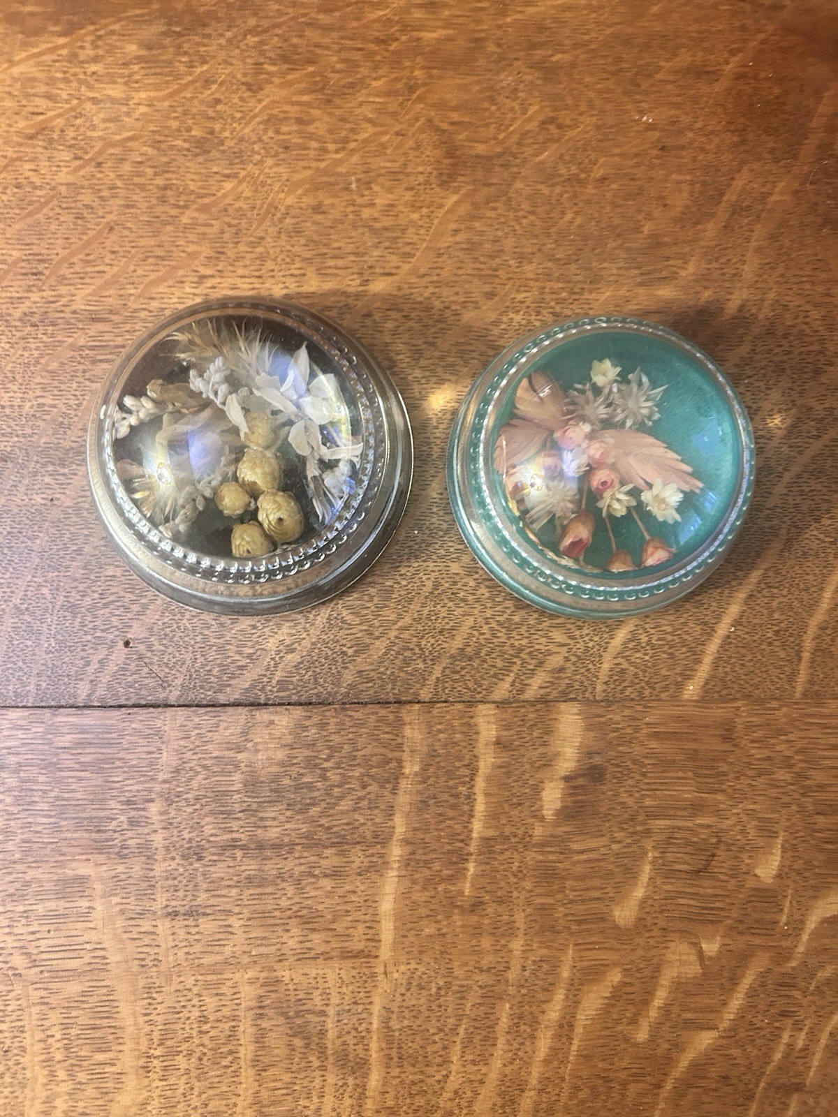 Two Vintage Domed Glass Mid 20th Century Paperweights Dried Florals Ex. Con