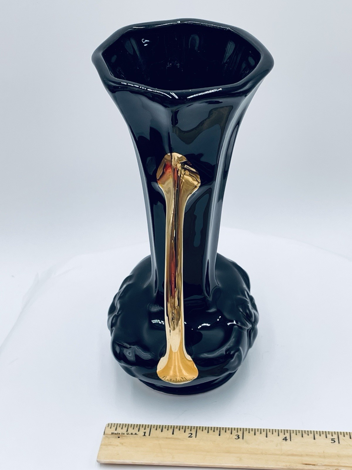 VTG Glossy Black Gold Double Handle Urn Vase Raised 3D Rose Octagon Deco MCM 8″
