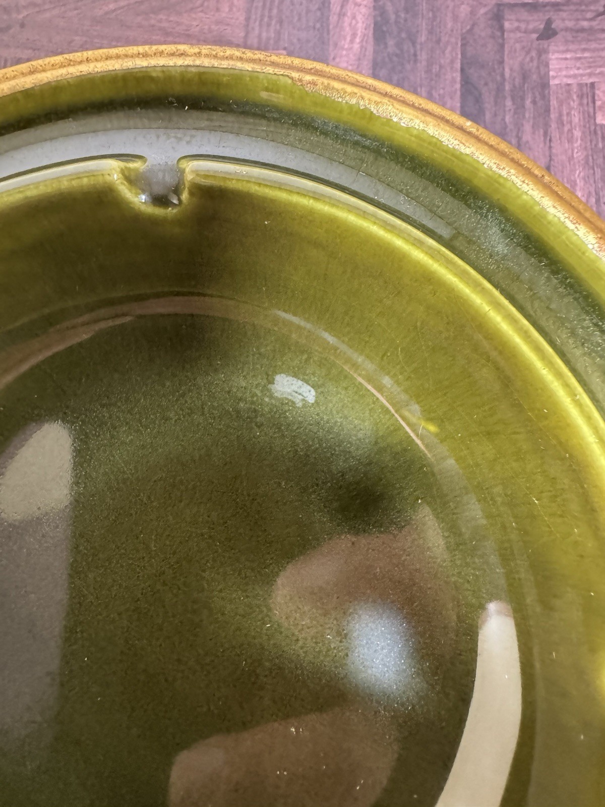 Freeman McFarlin Pottery 239 Avocado Green Gold Leaf Round Ashtray California