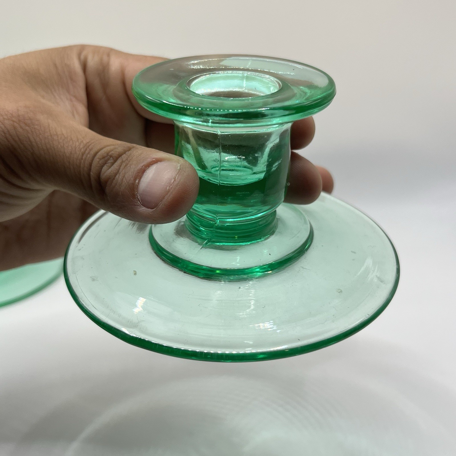 Vintage Pair Candlestick Holder Set Uranium Depression Glass Green GLOWS