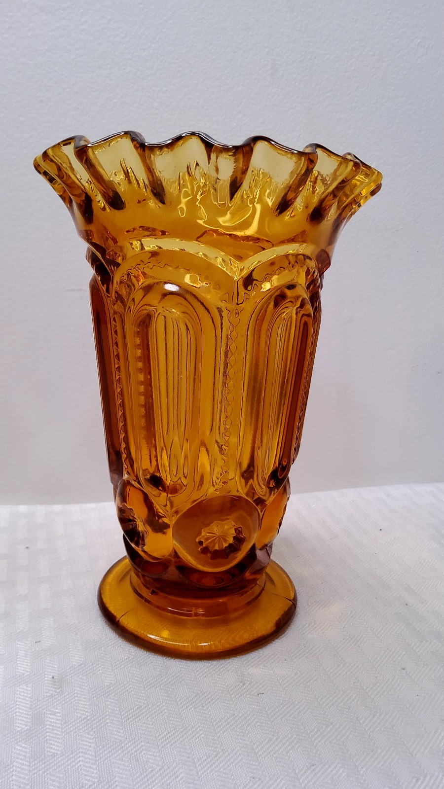 Vintage Amber Glass Moon And Stars Ruffled Edge Vase 6.5 In. Good, (112)