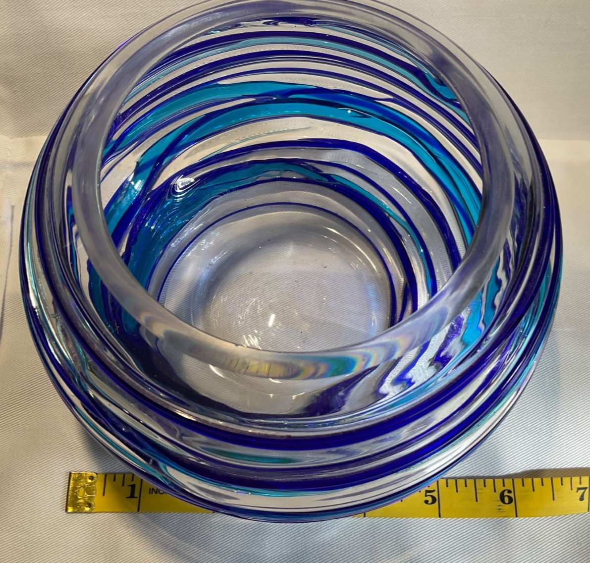 Art Glass Vase Hand Blown Clear Round Blue/Teal Swirls 6” Wedding New Home Gifts