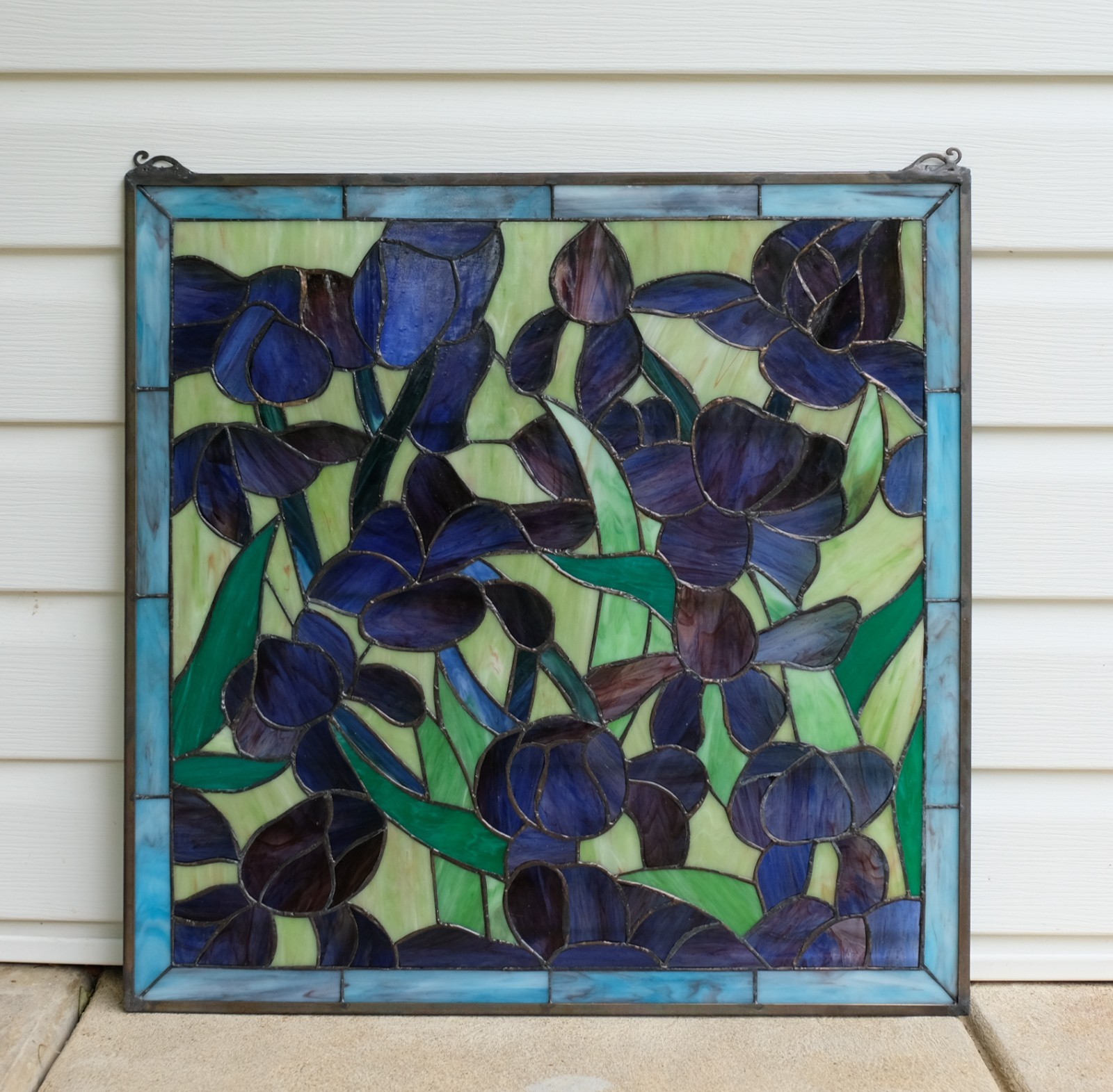 Tiffany Style stained glass window panel Iris Flowers, 24″ x 24″ HF575