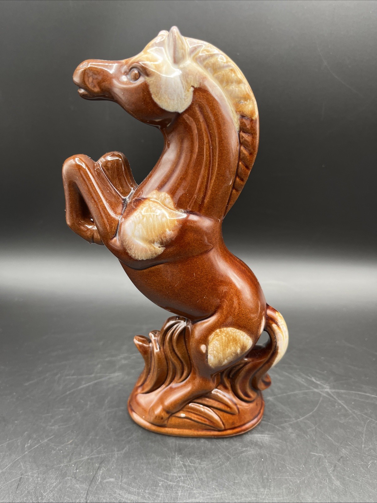 Vintage Mid Century Modern Brown Drip Glaze Art Pottery Rearing Horse