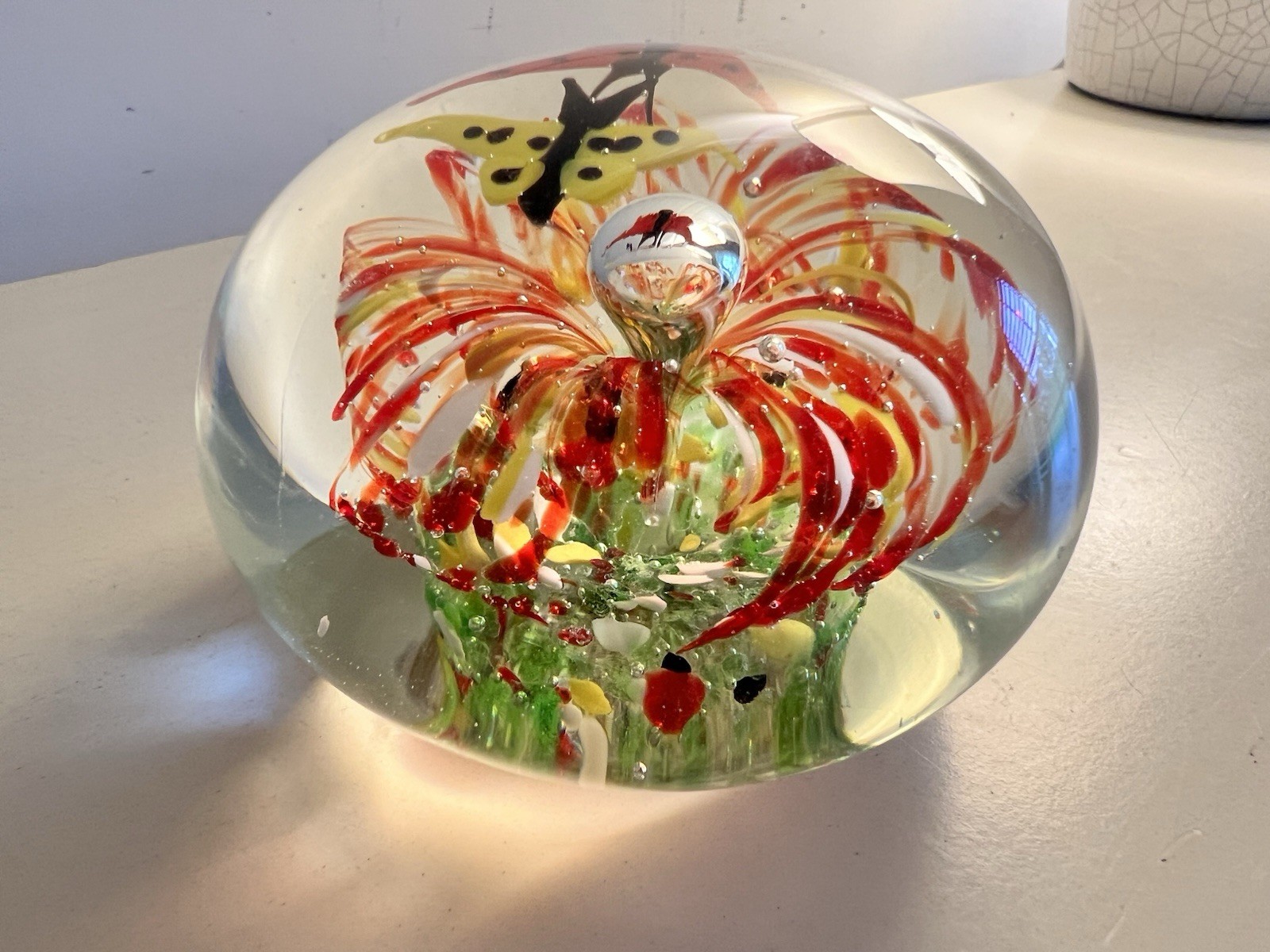 Vintage Glass Paperweight Orange And Yellow With Butterflies, Murano Style