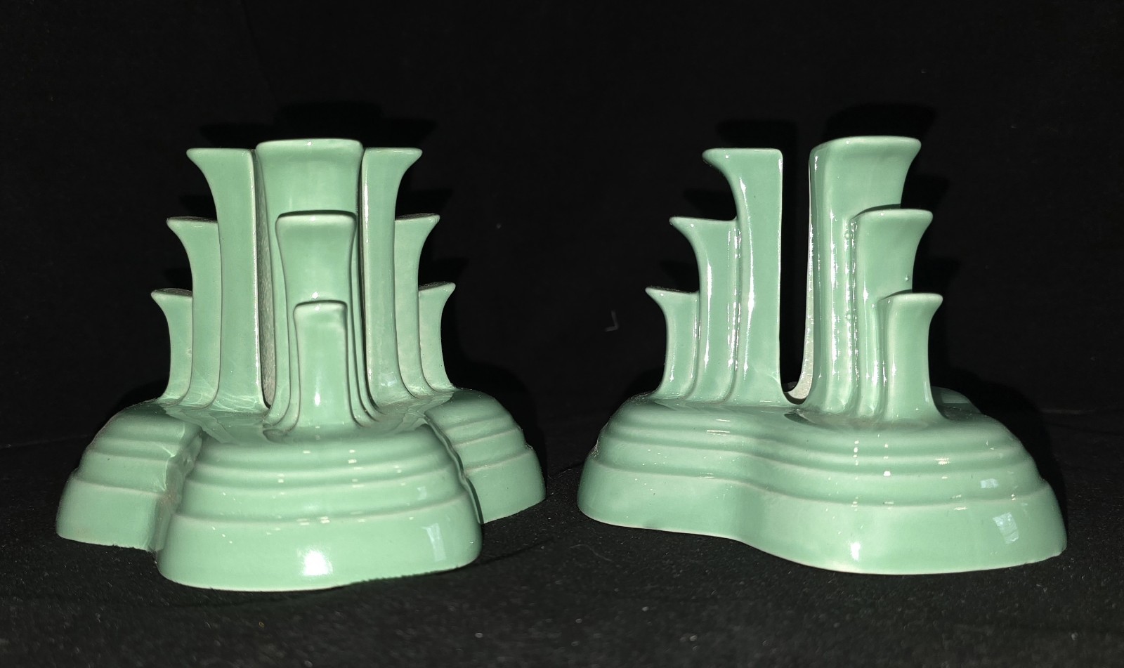 Fiestaware HTF Sea Mist green Pyramid Tripod Taper Candle Holder Art Deco Lot-2