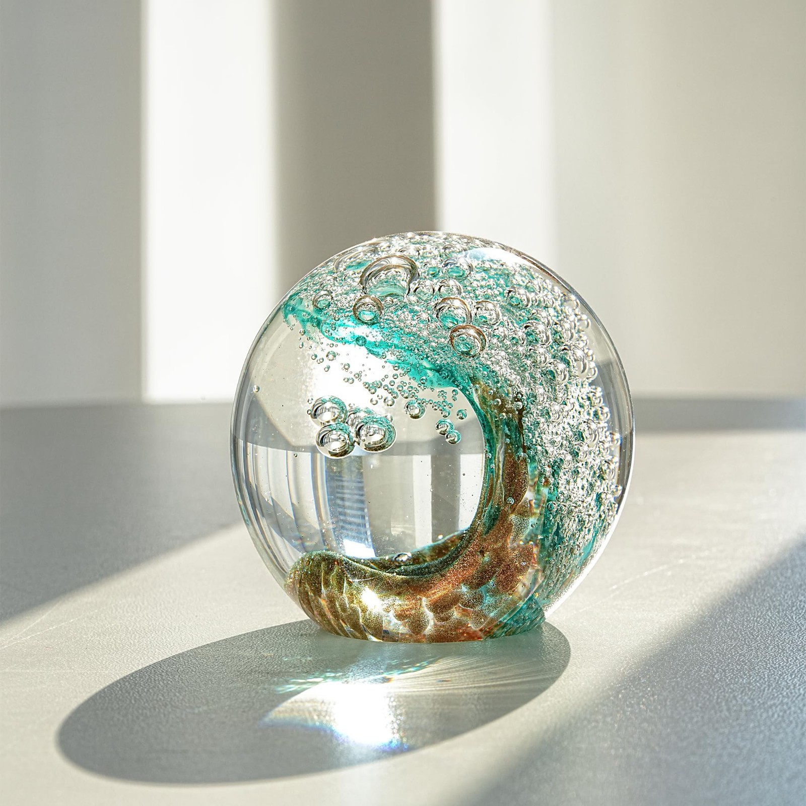 Ocean Wave Glass Ball 2.3″ Blue Crystal Paperweight, Nautical Decor Sphere, Gift