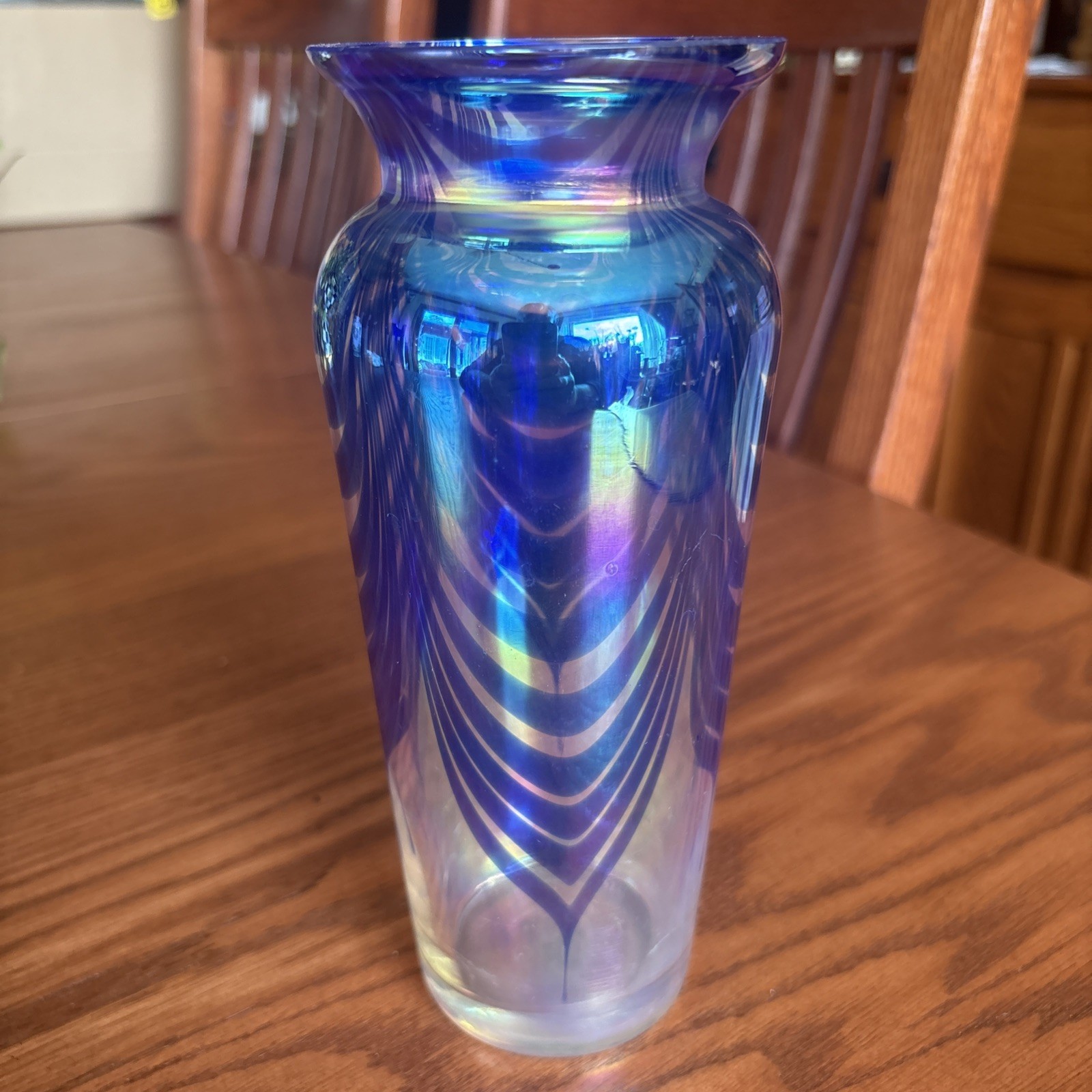 Royal Limited Crystal Iridescent Cobalt Blue Pulled Feather Glass Vase 7.25”