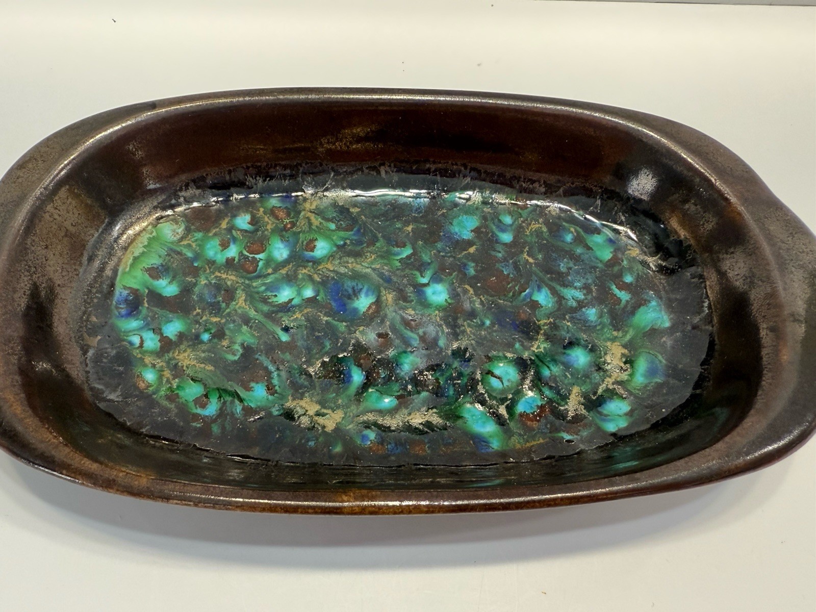 Mid Century Modern Green Brown Pottery Handmade Platter Glazed Retro 8″