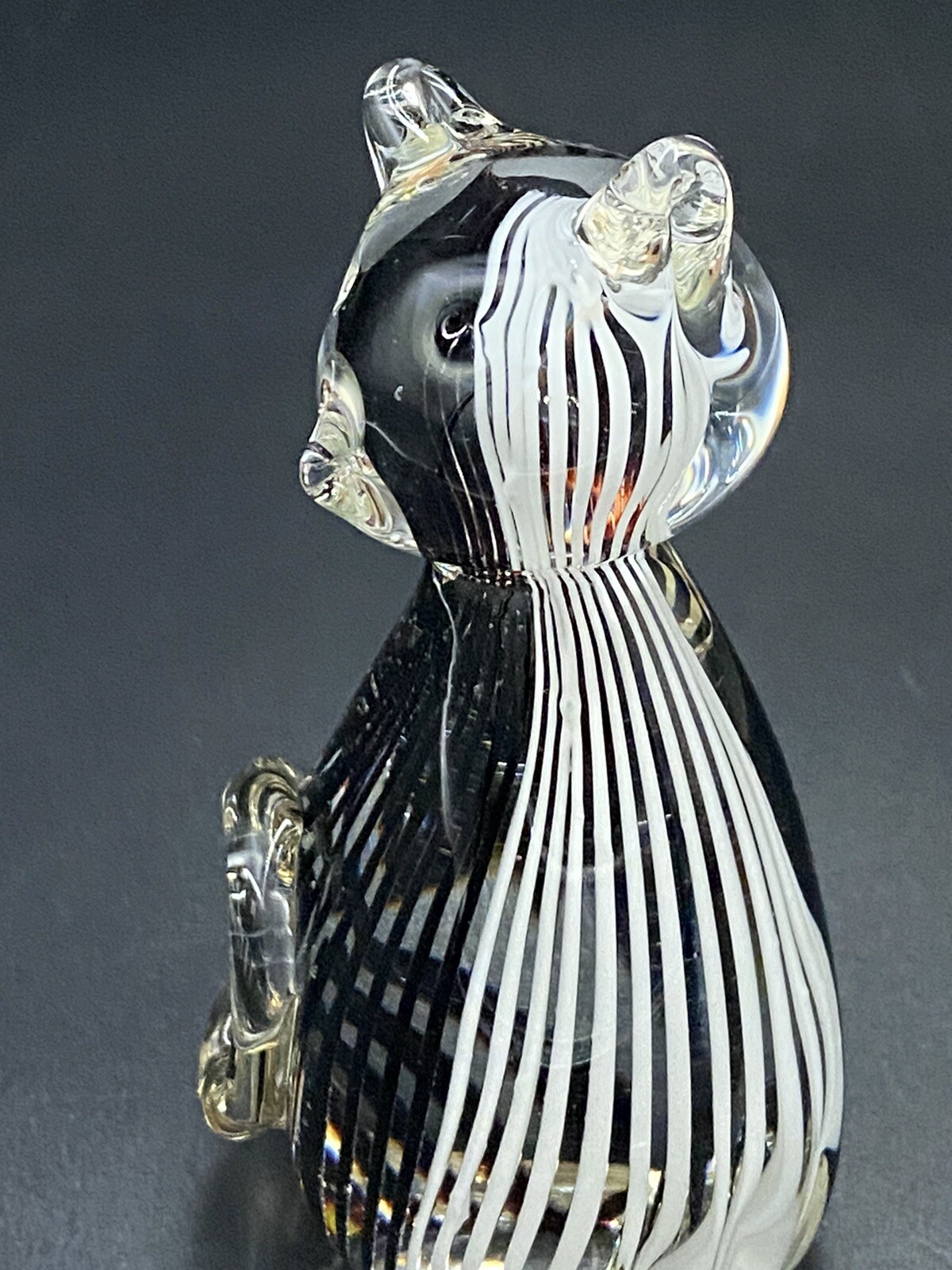 Art Glass Cat Paperweight Clear With Black White Stripes 4″