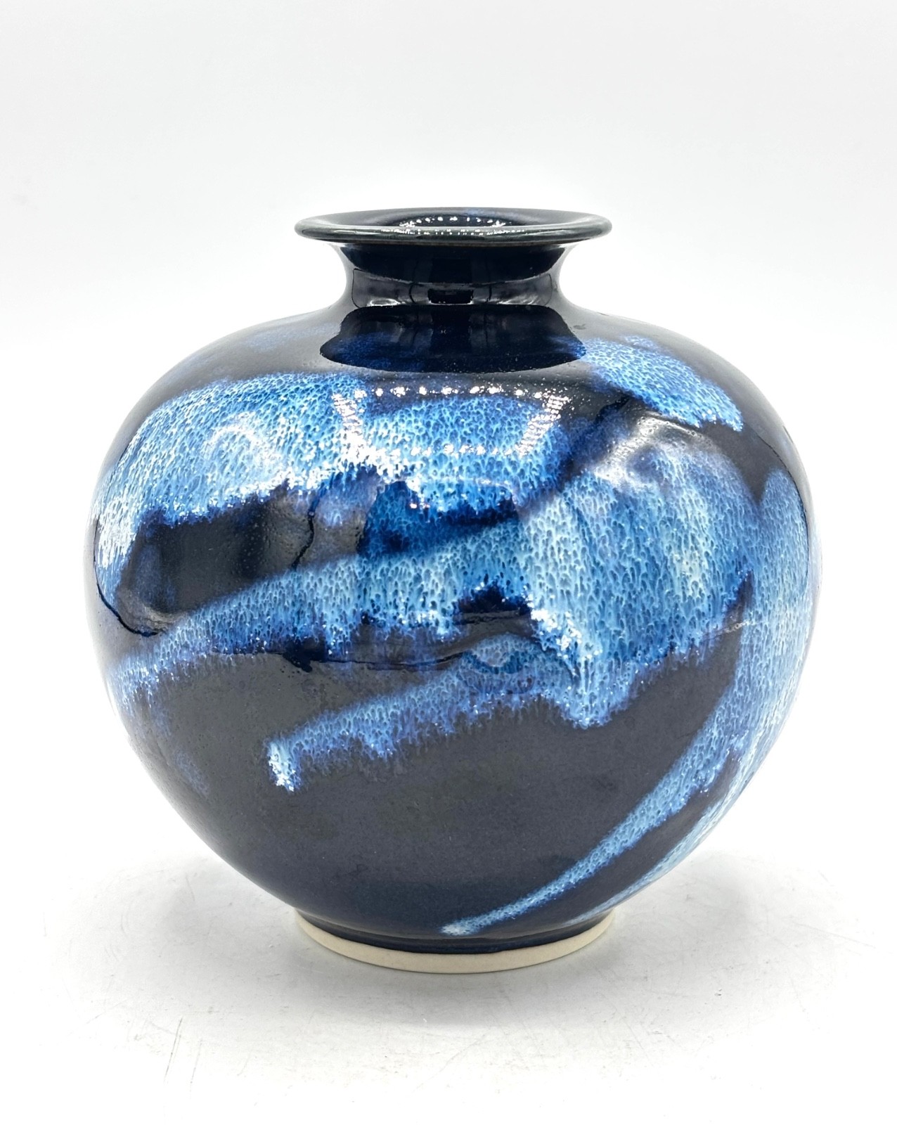 Signed Studio Art Pottery Blue Crystalline Glaze Vase Mottled Handcrafted 5”