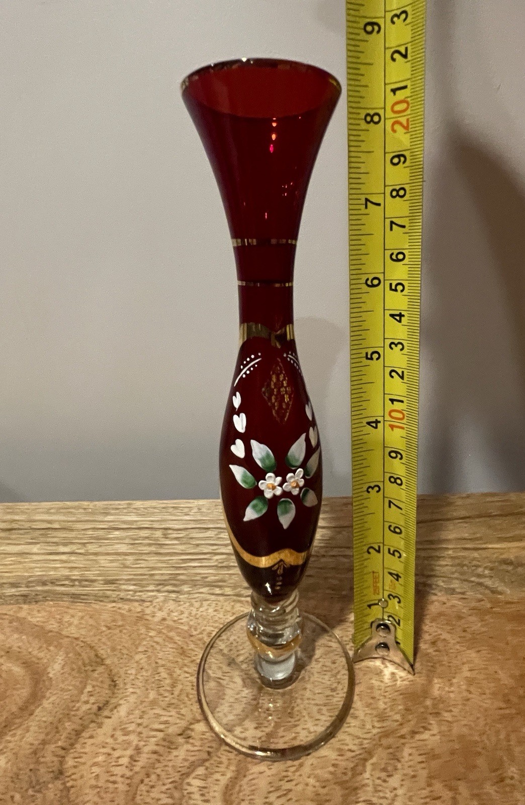 Vintage Ruby Red & Gold Glass Vase Hand-Painted Flowers 8” Tall.