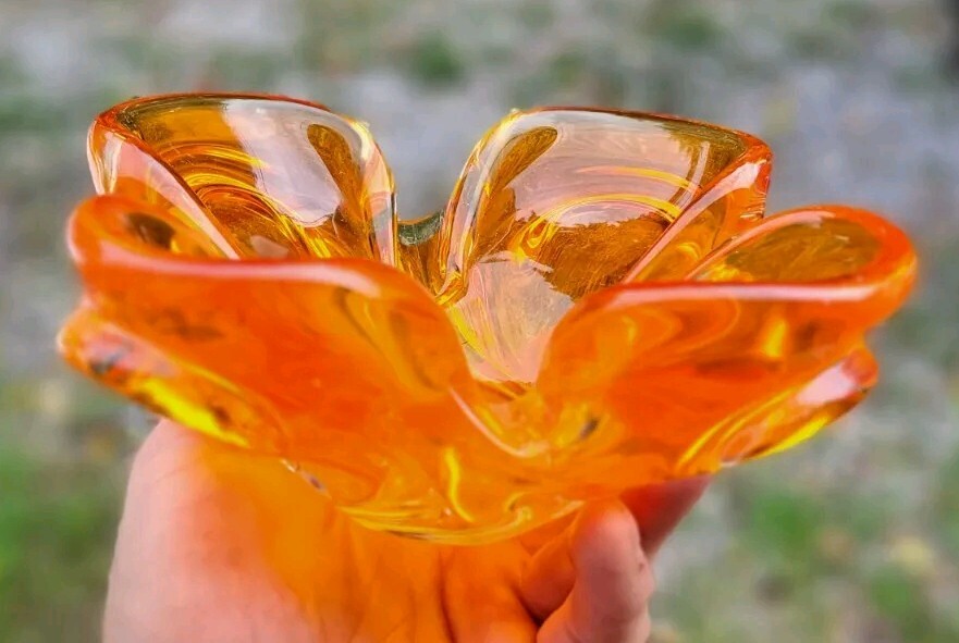 Signed CHALET Art Glass CIGAR TOBACCO ASHTRAY MCM CIGARETTE Tangerine Orange