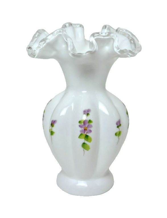 Fenton Silver Crest Ruffled Hand Painted Violets in the Snow 6″ Vase