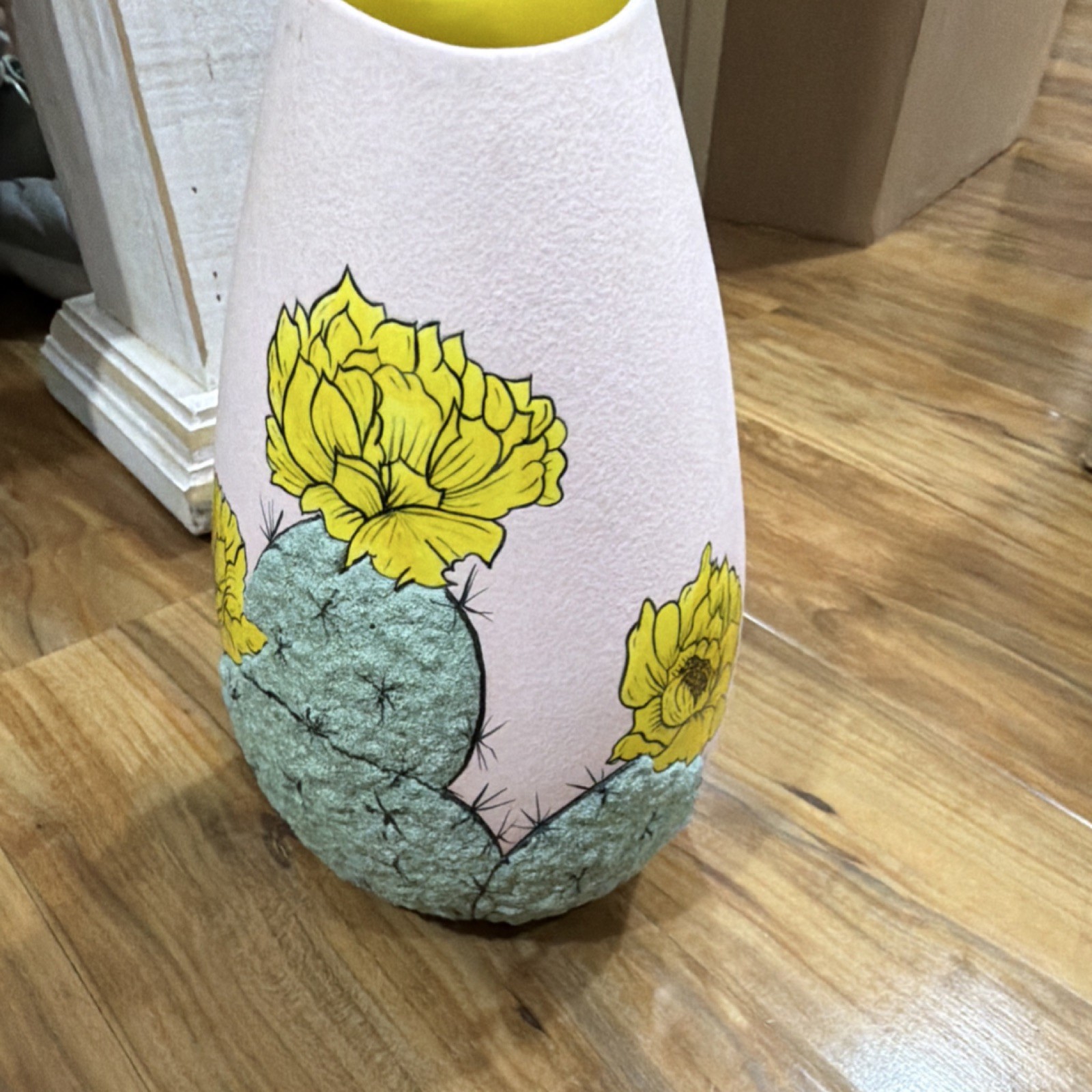 Pink Ceramic Vase with Cactus and Yellow Flower Floral Design