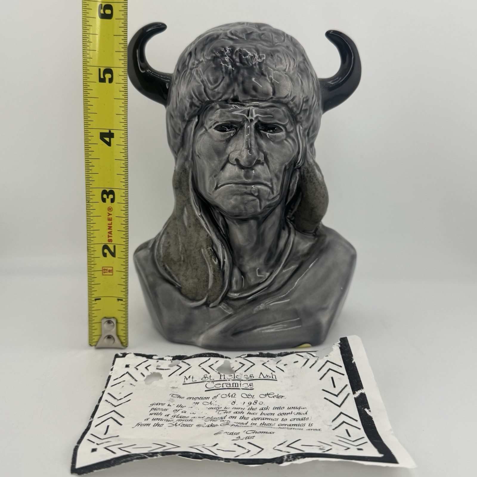 Mt. St. Helens Ash Glossy Glazed Ceramic 6” Native American Chief w/ Paper
