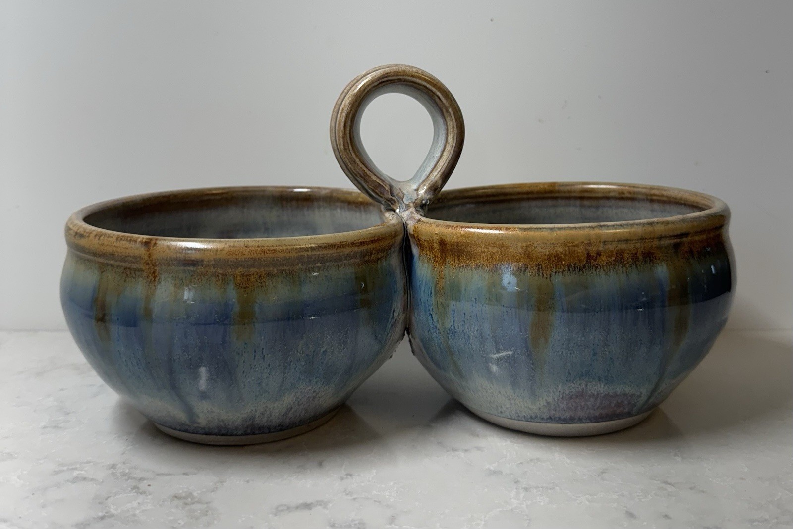 Studio Art Pottery Glazed Blue & Brown Server/Planter W/ Two Bowls Stamped