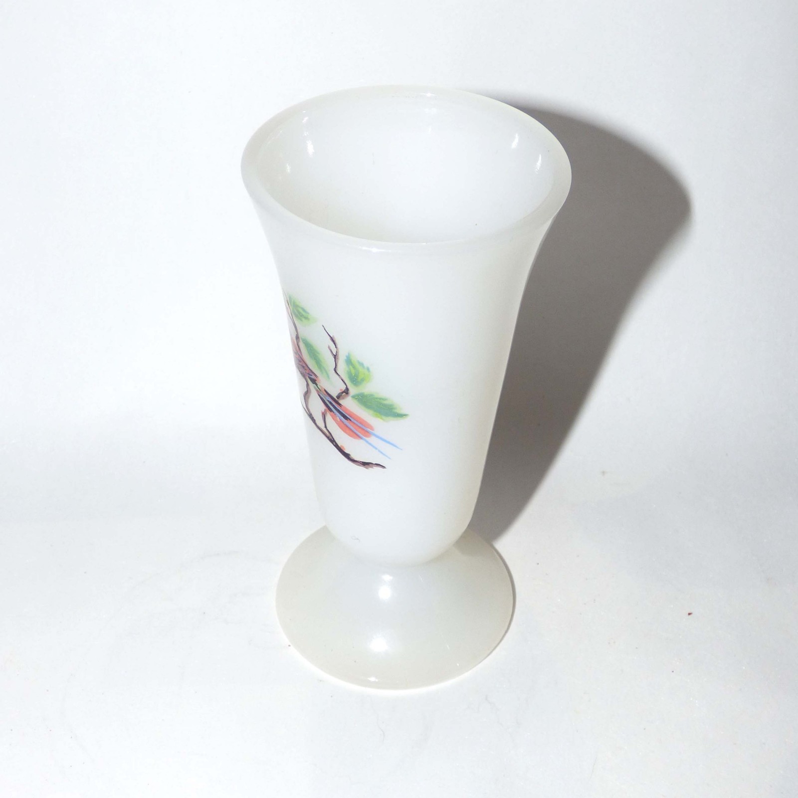 Vintage Milk Glass Opaline Vase Hand-Painted Bird 13cm