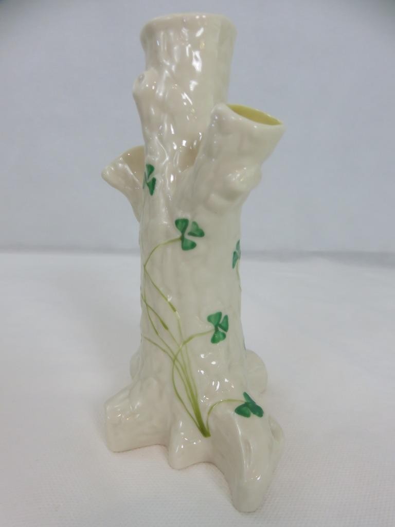 Belleek Shamrock Tree Trunk Vase 3-Bud Green Mark Ireland 6″