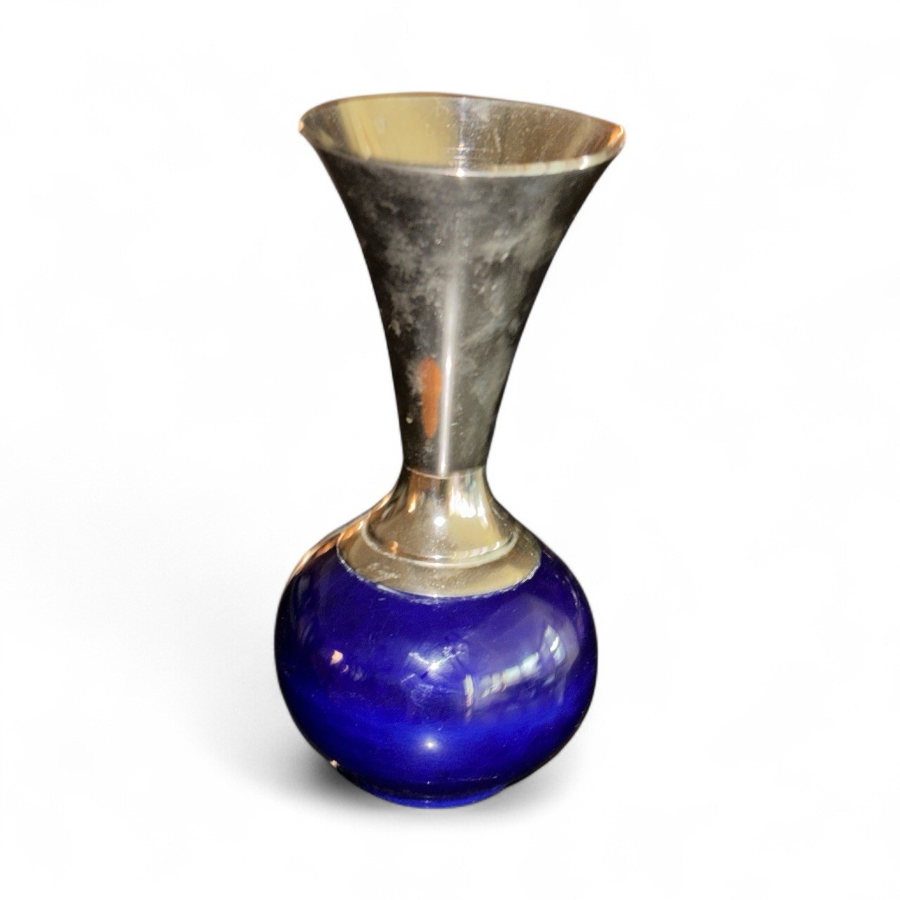 Vtg UCAGCO 6 inch Cobalt Blue Glass And Metal Bud Vase Holland Original Sticker
