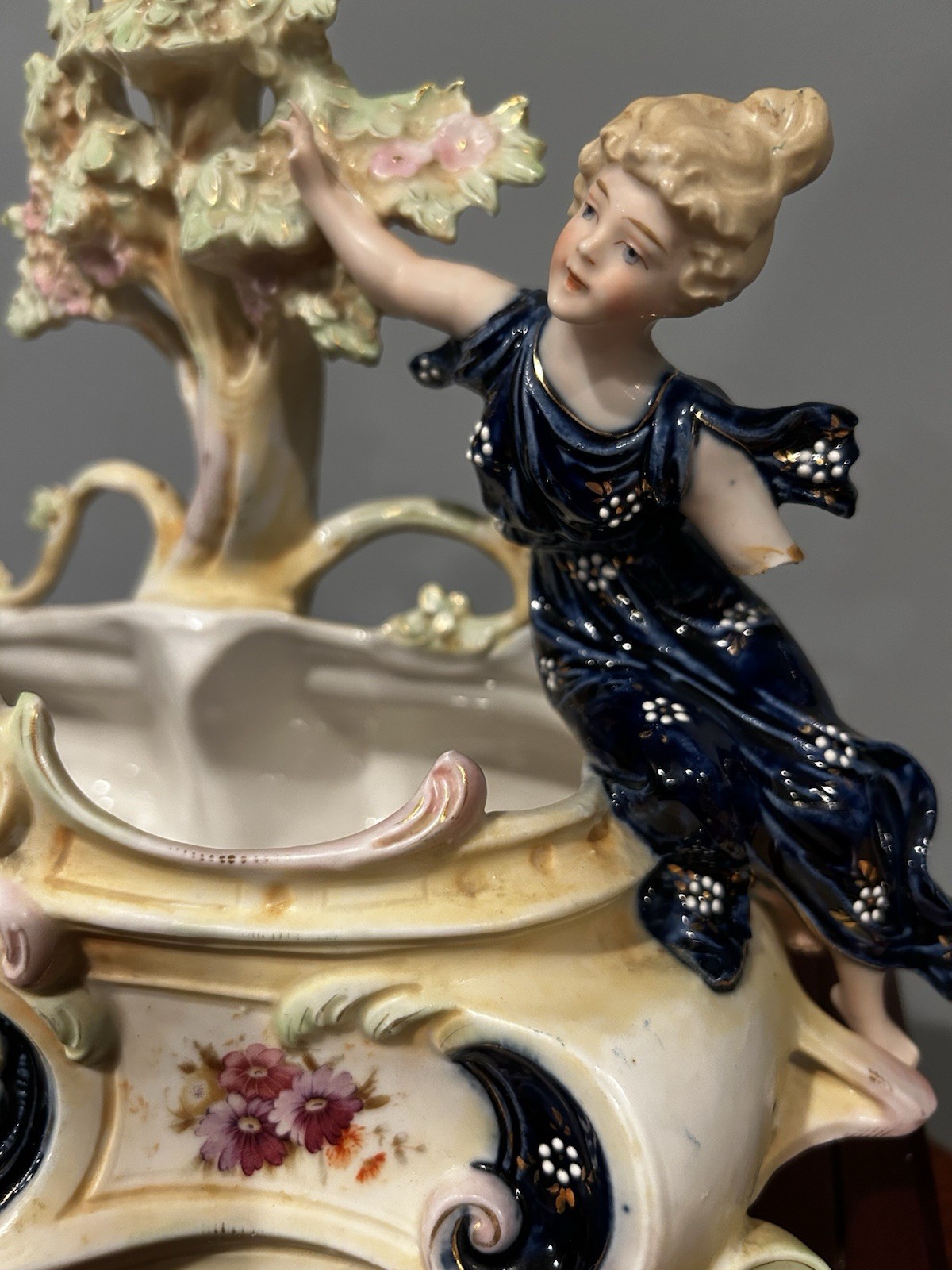 Antique German Porcelain Figural Jardinière Art Nouveau Centerpiece Cherub Lady