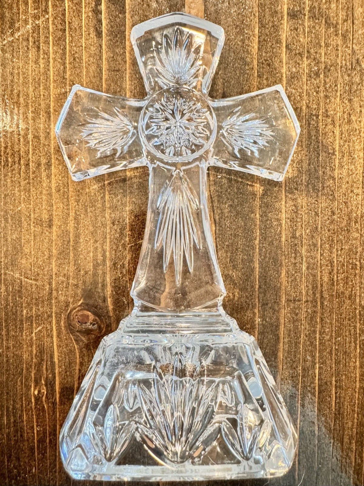 Crystal Cross Figurine 6.5″ Religious Decor Clear Cut Glass Standing Desktop