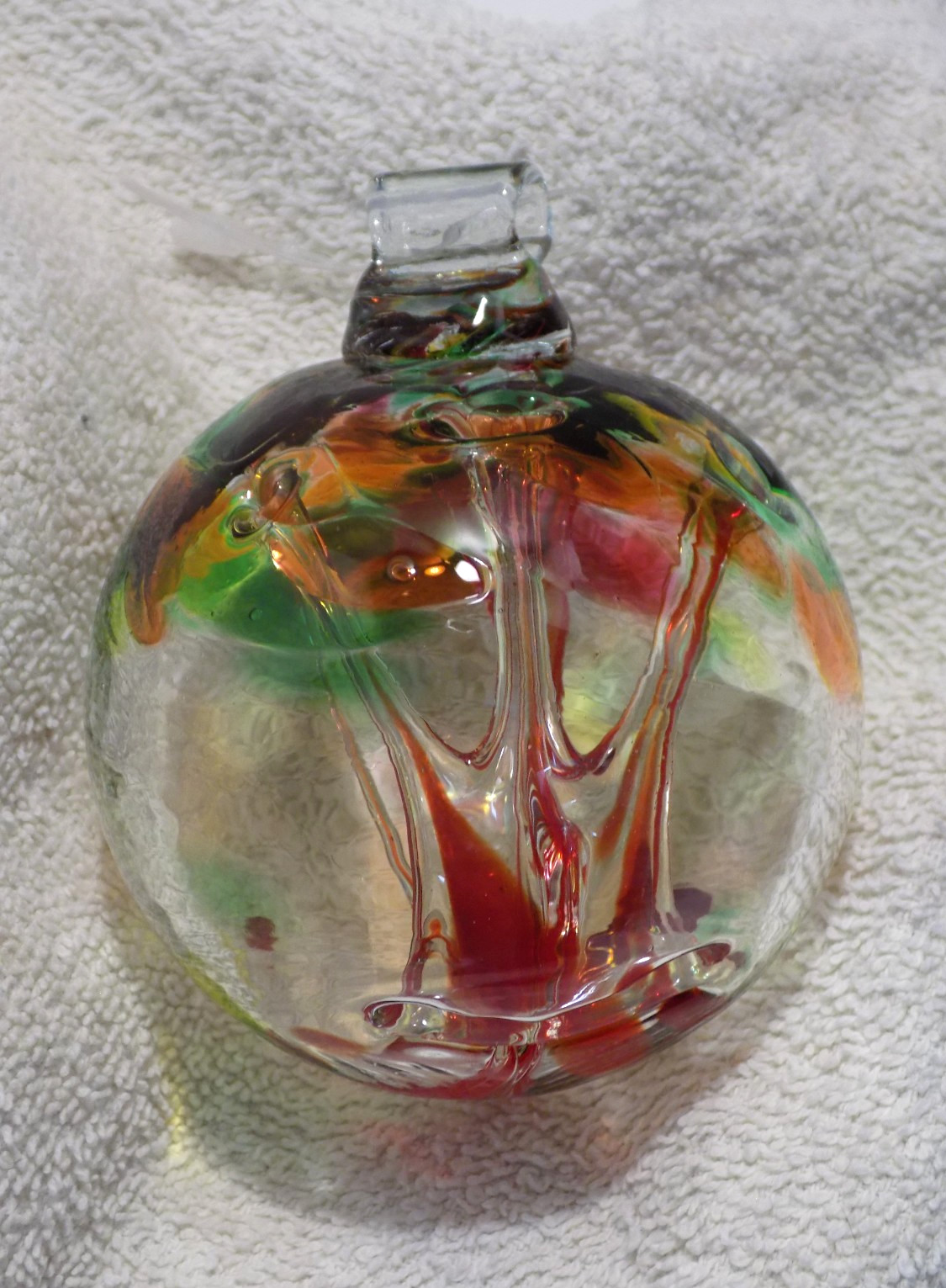 Hand Blown Art Glass Tree of Life Round Orb Ball Ornament Multi Colored