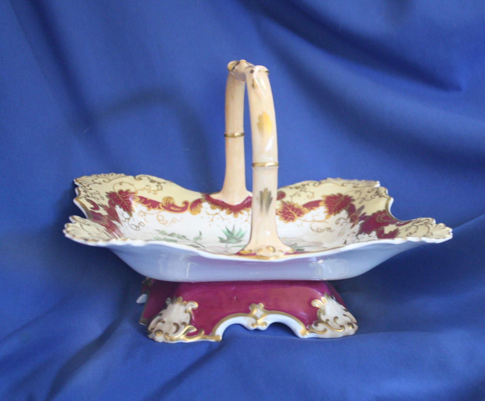 Antique Georgian Era English Porcelain Botanical Basket Rococo Revival, ca 1835