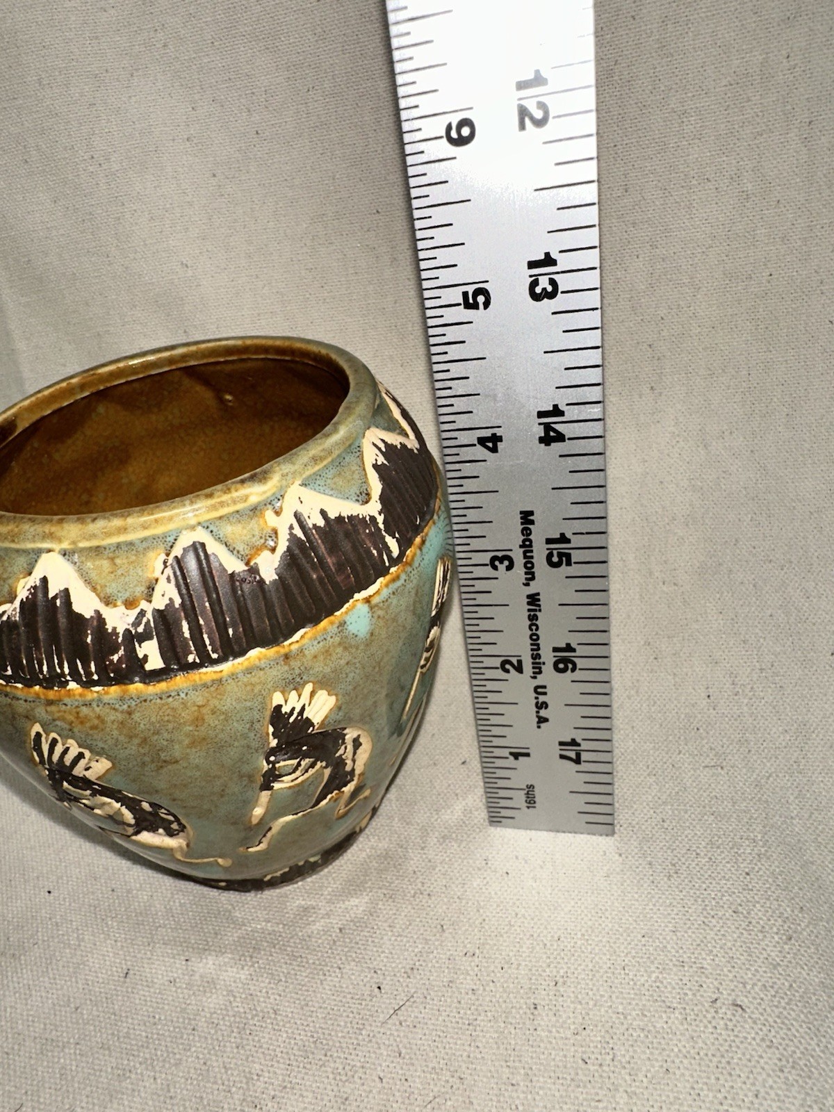 Native American Kokopelli Painted Pot Vase Glazed Small Brown Green Gold Vintage