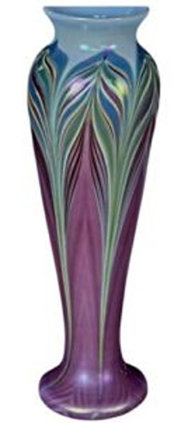 1984 Zellique Studio Art Glass Vase Purple Iridescent Pulled Feather 13″