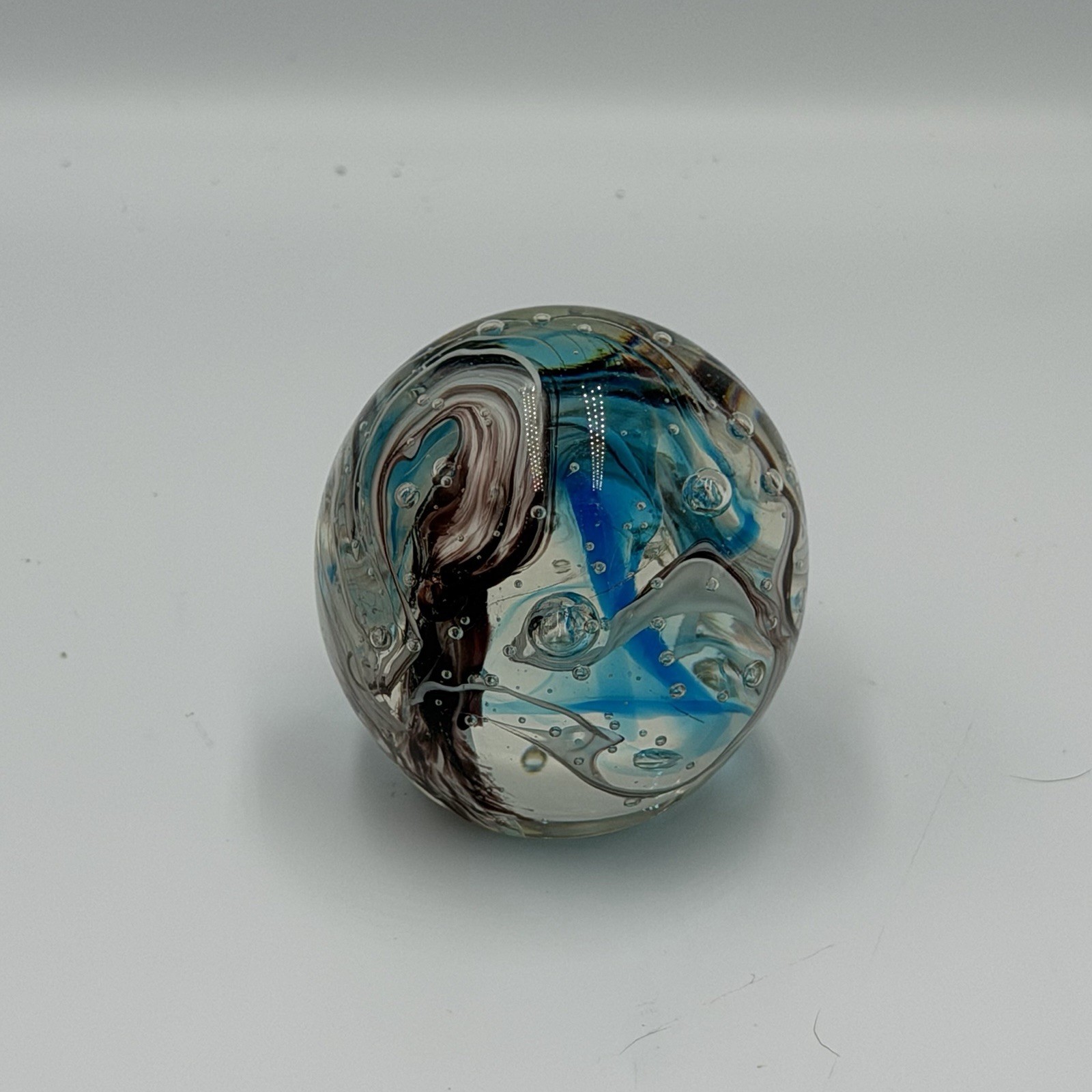 Vintage Signed Art Glass Paperweight Purple Blue Swirl Control Bubbles 2.5” UV