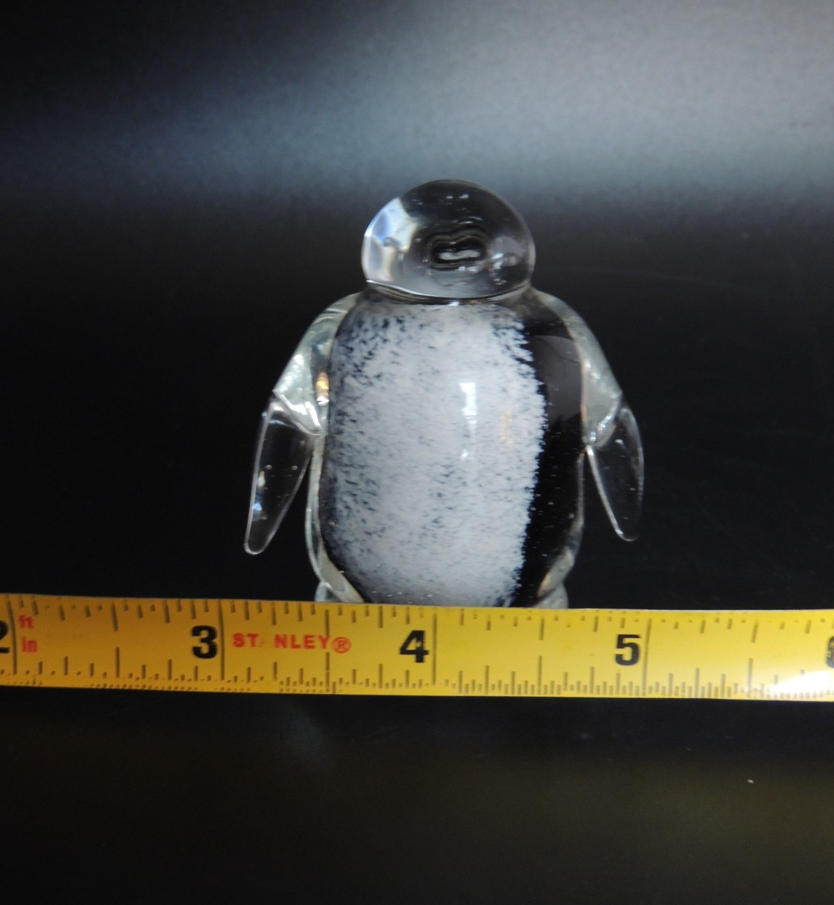 Vintage Art Glass Penguin Paperweight Figurine Fat Penguin Clear Black White