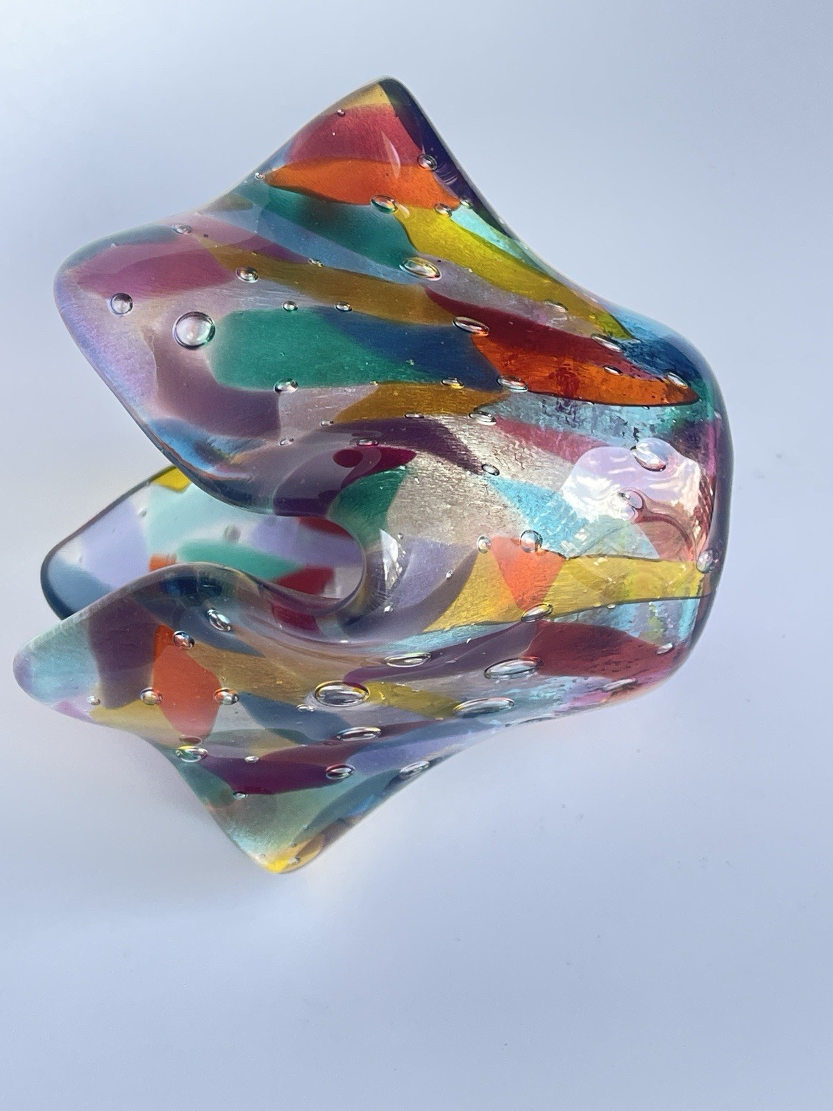 Vintage Art Glass Handkerchief Vase Fused Bubble Multi-colored Candle Votive