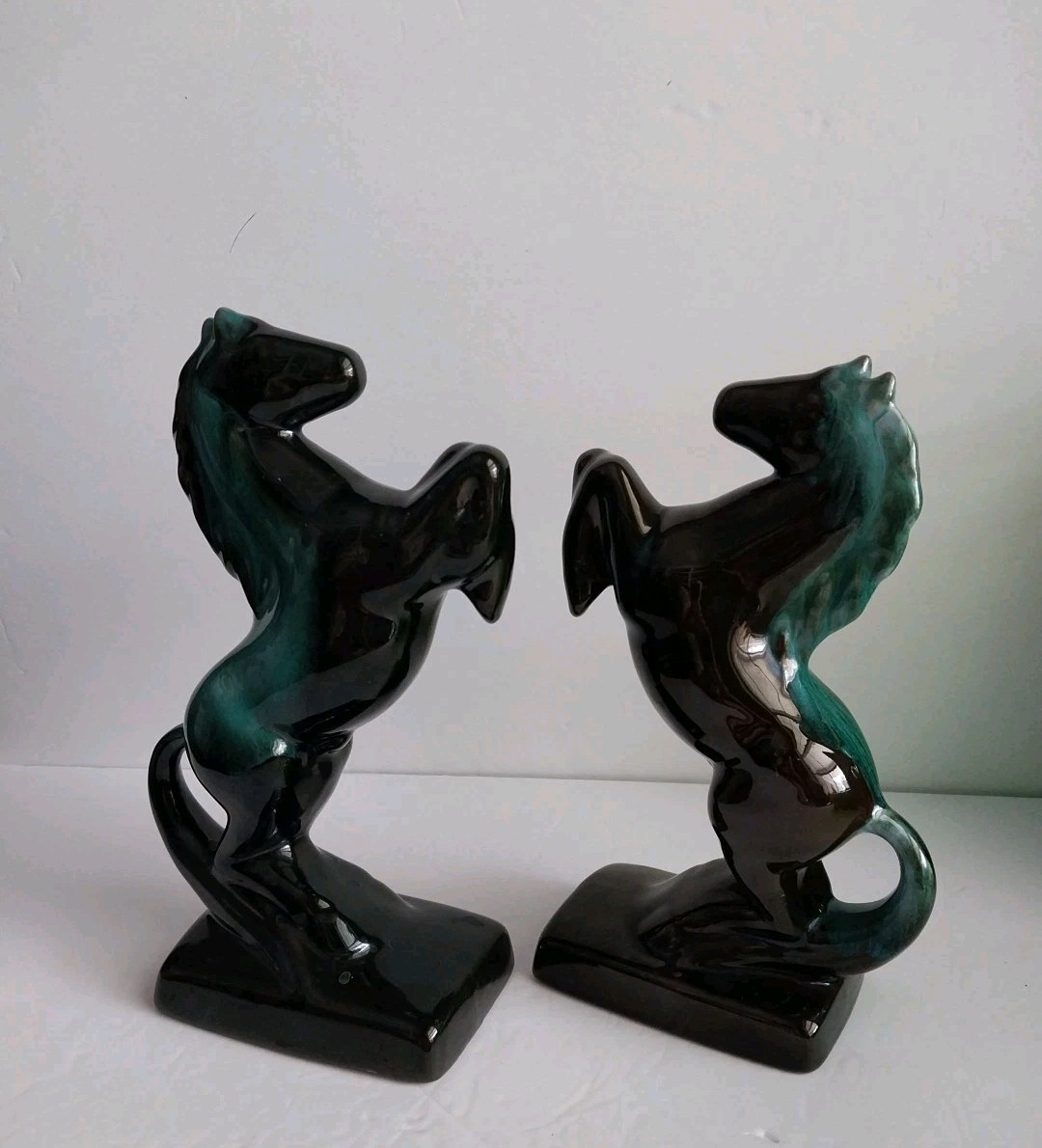 1970 Pair Blue Mountain Pottery Rearing Stallions Horse Figurines