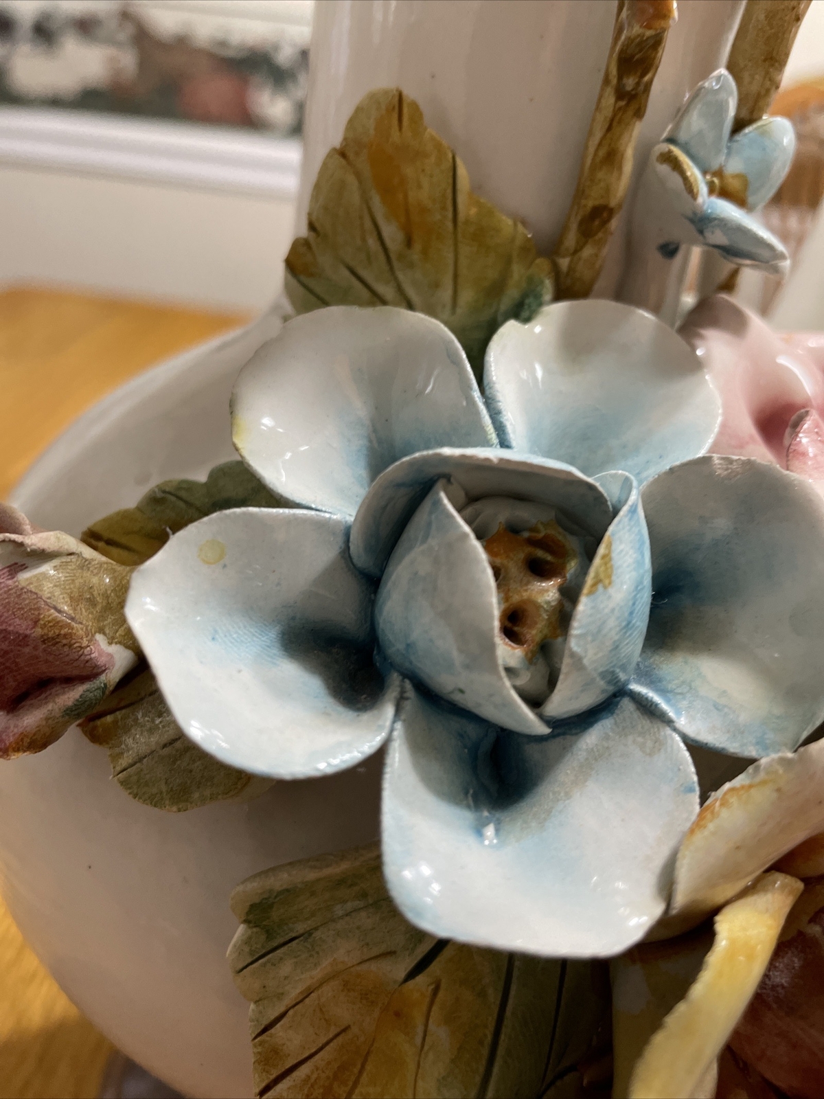 Italy Irea Bassano Art Pitcher Capodimonte Porcelain Rose 3D Flowers 16″ VTG
